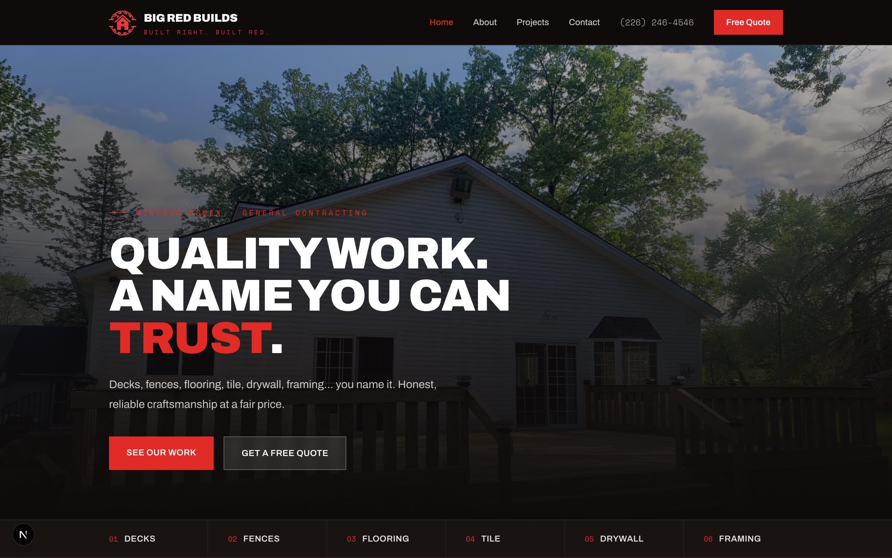 Big Red Builds homepage hero with bold headline over a completed deck build