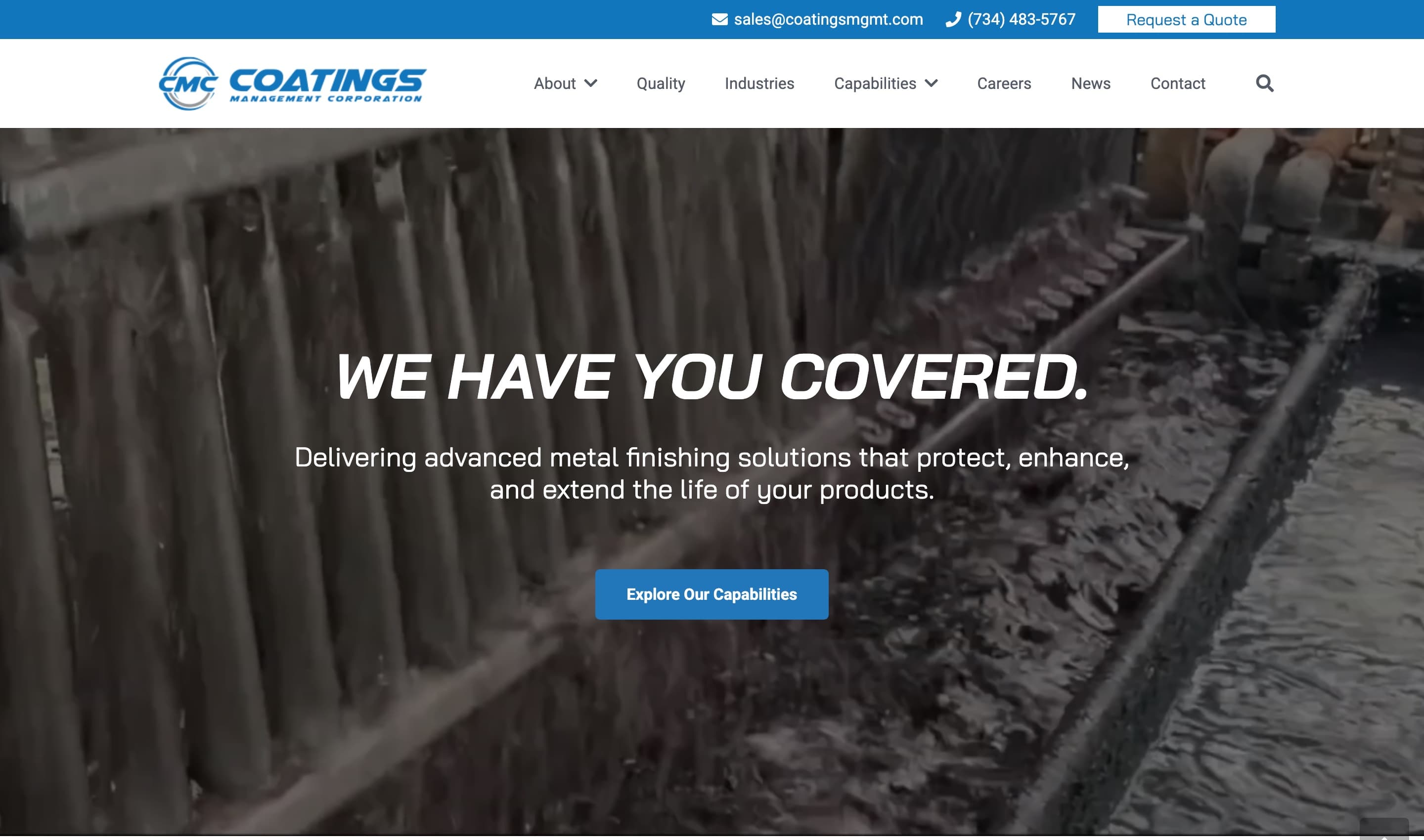 Coatings Management Corporation homepage: video hero of a live plating line