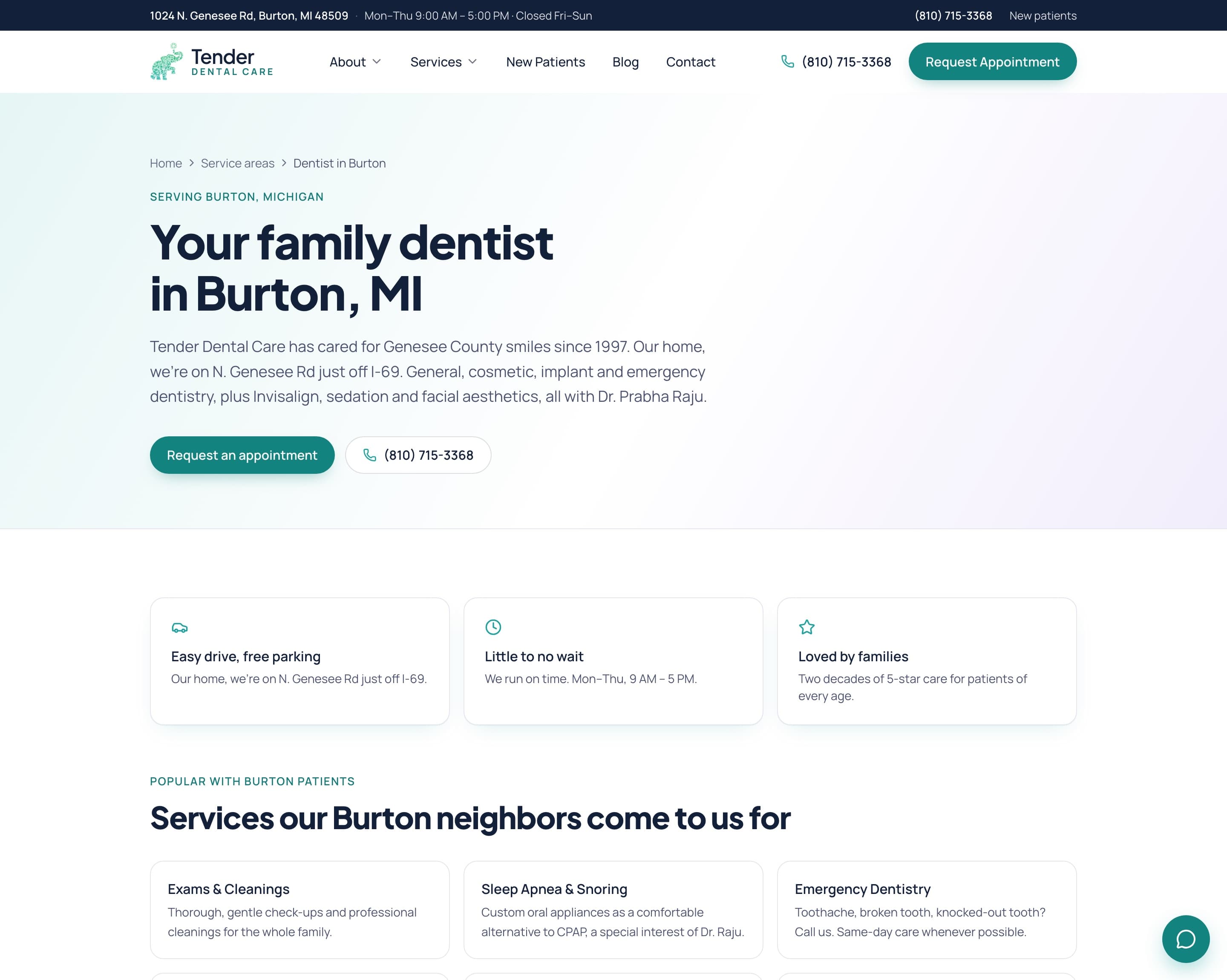 Burton service-area page with local positioning and the treatments Burton patients book most