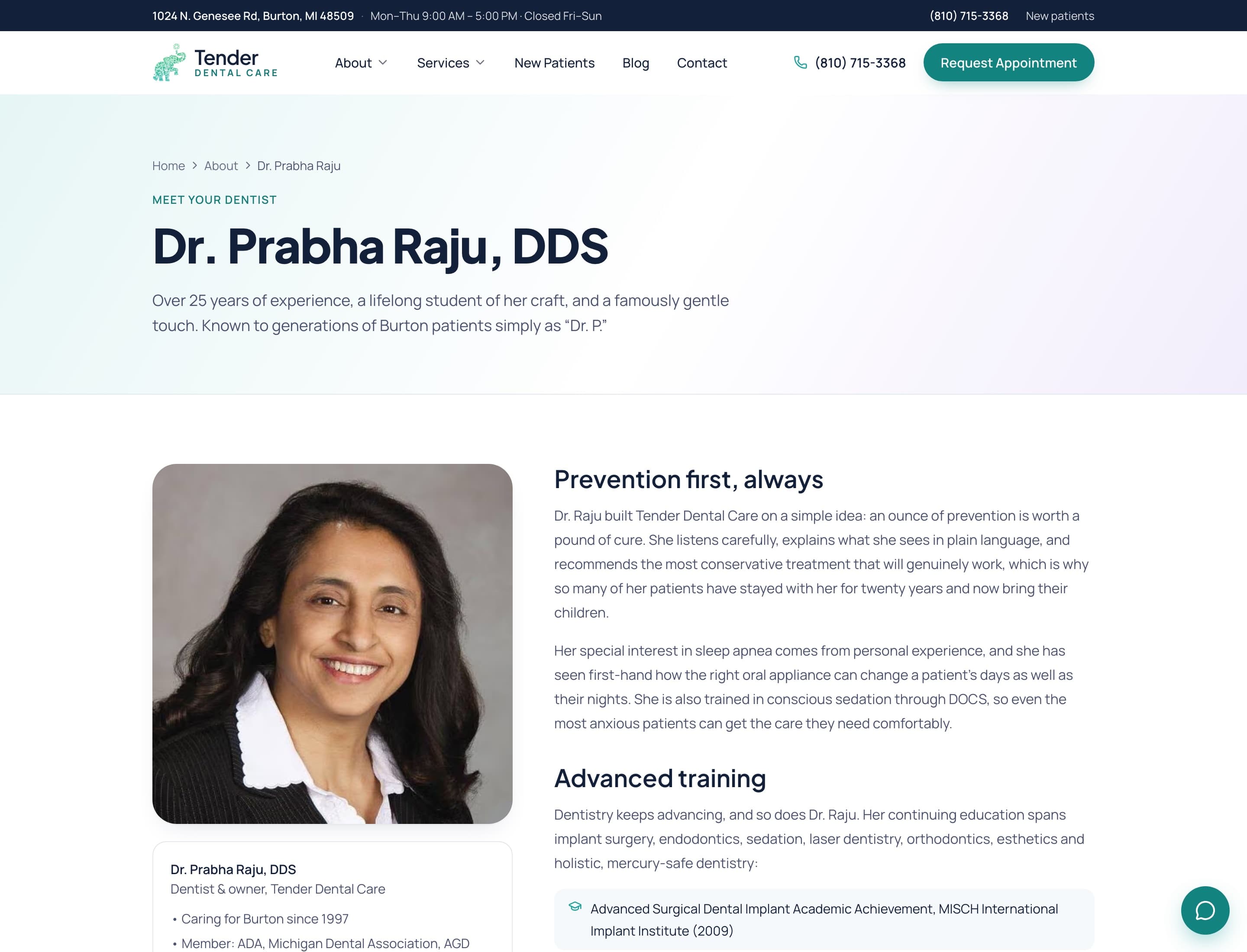 Dr. Prabha Raju's profile page with her practice philosophy and full training record