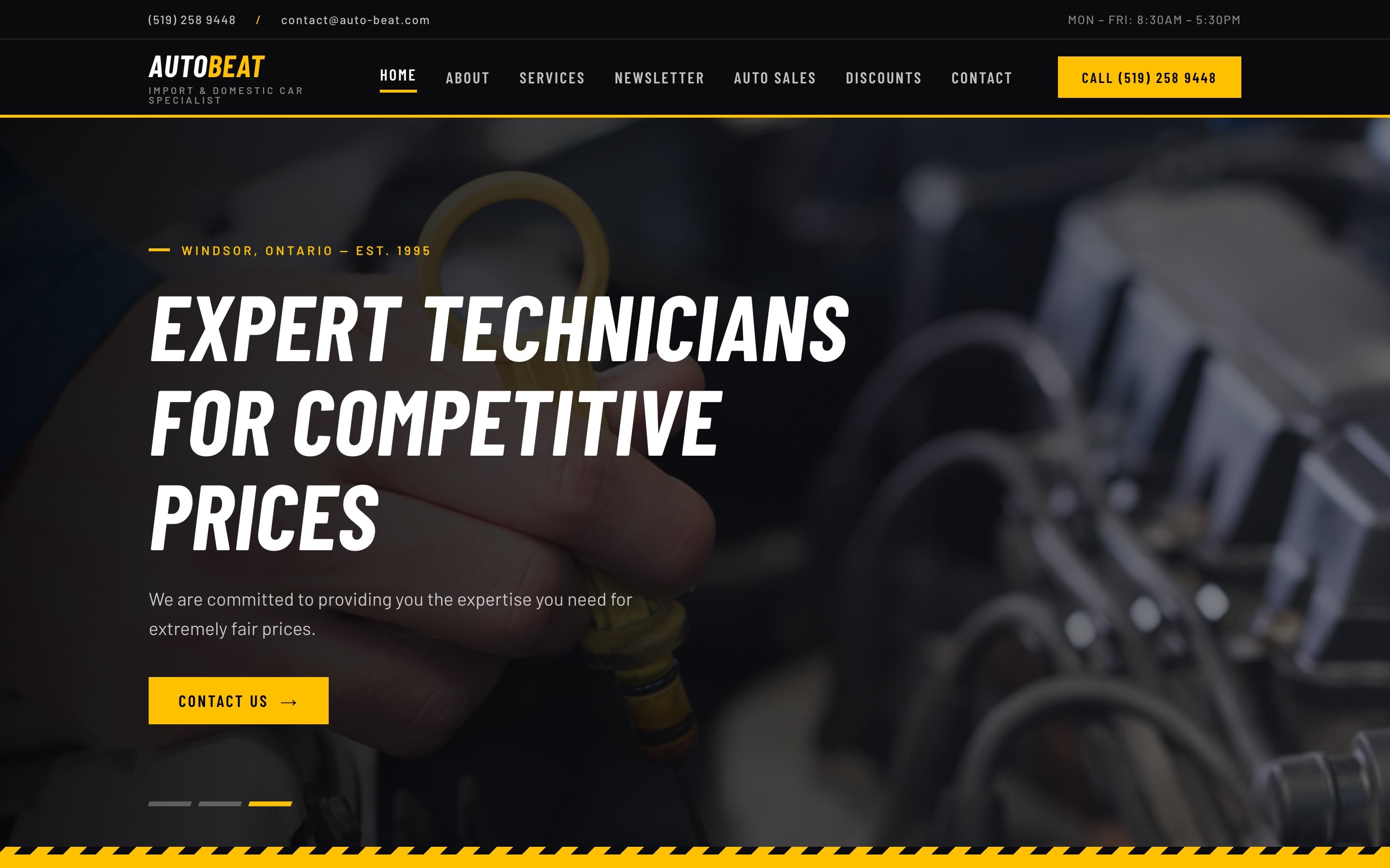 AutoBeat homepage hero: expert technicians for competitive prices, over an engine-bay photo