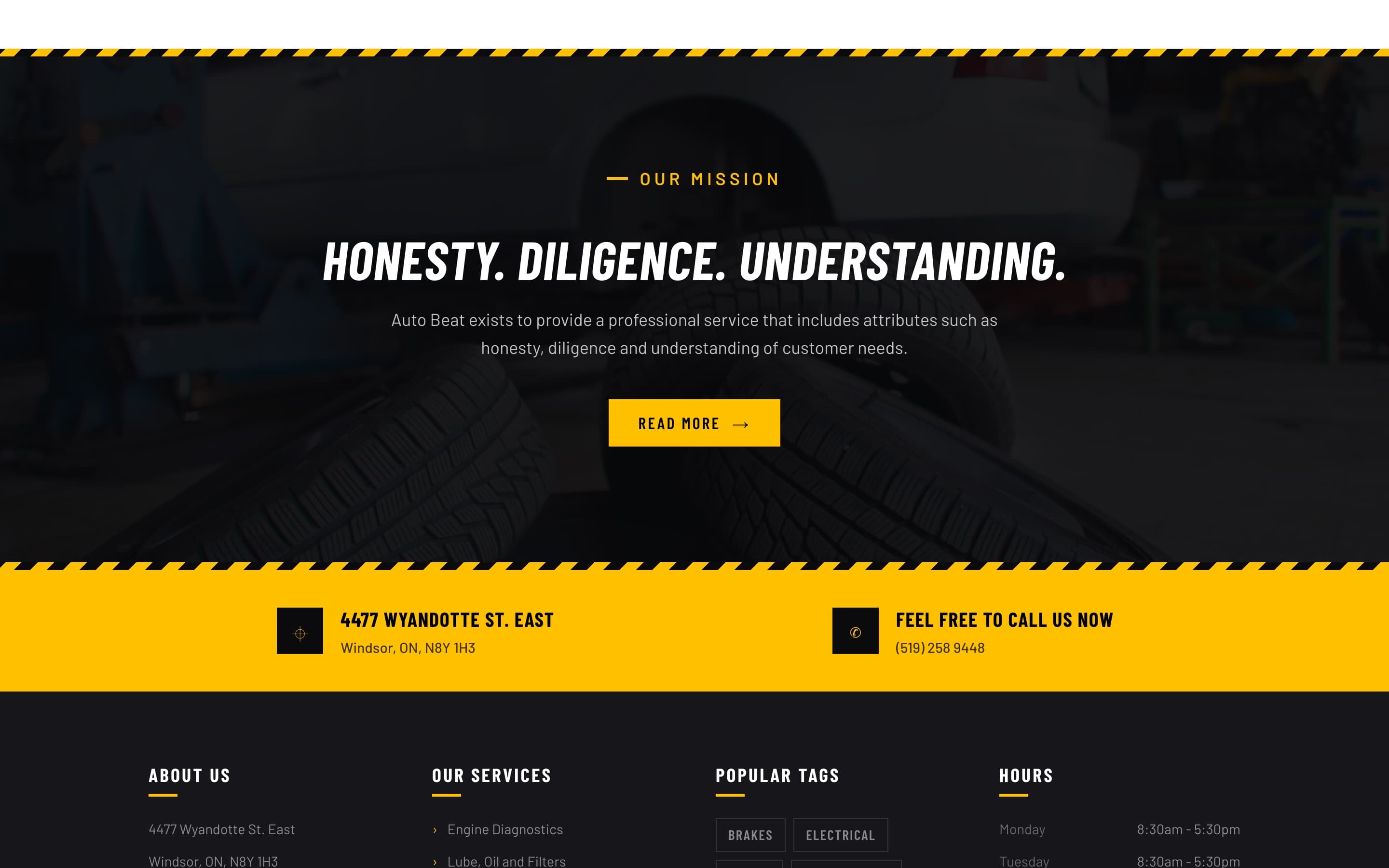 Mission statement, hazard-striped contact band, and footer with services and hours