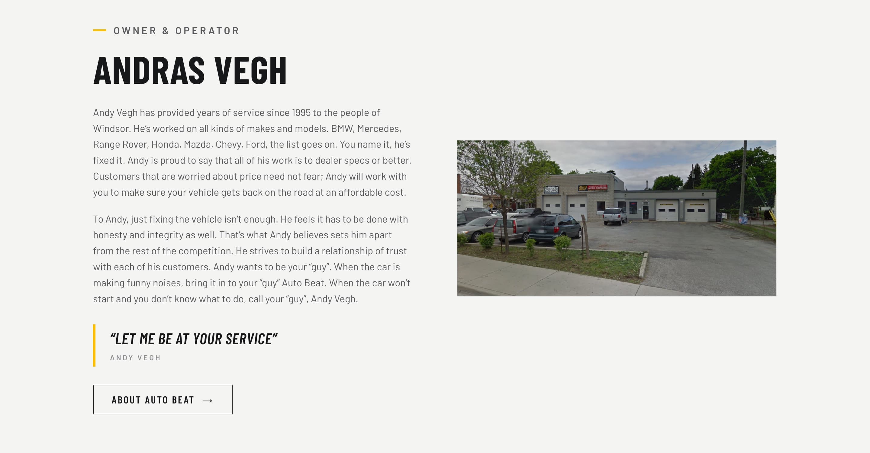 Owner and operator section introducing Andras Vegh with a photo of the shop