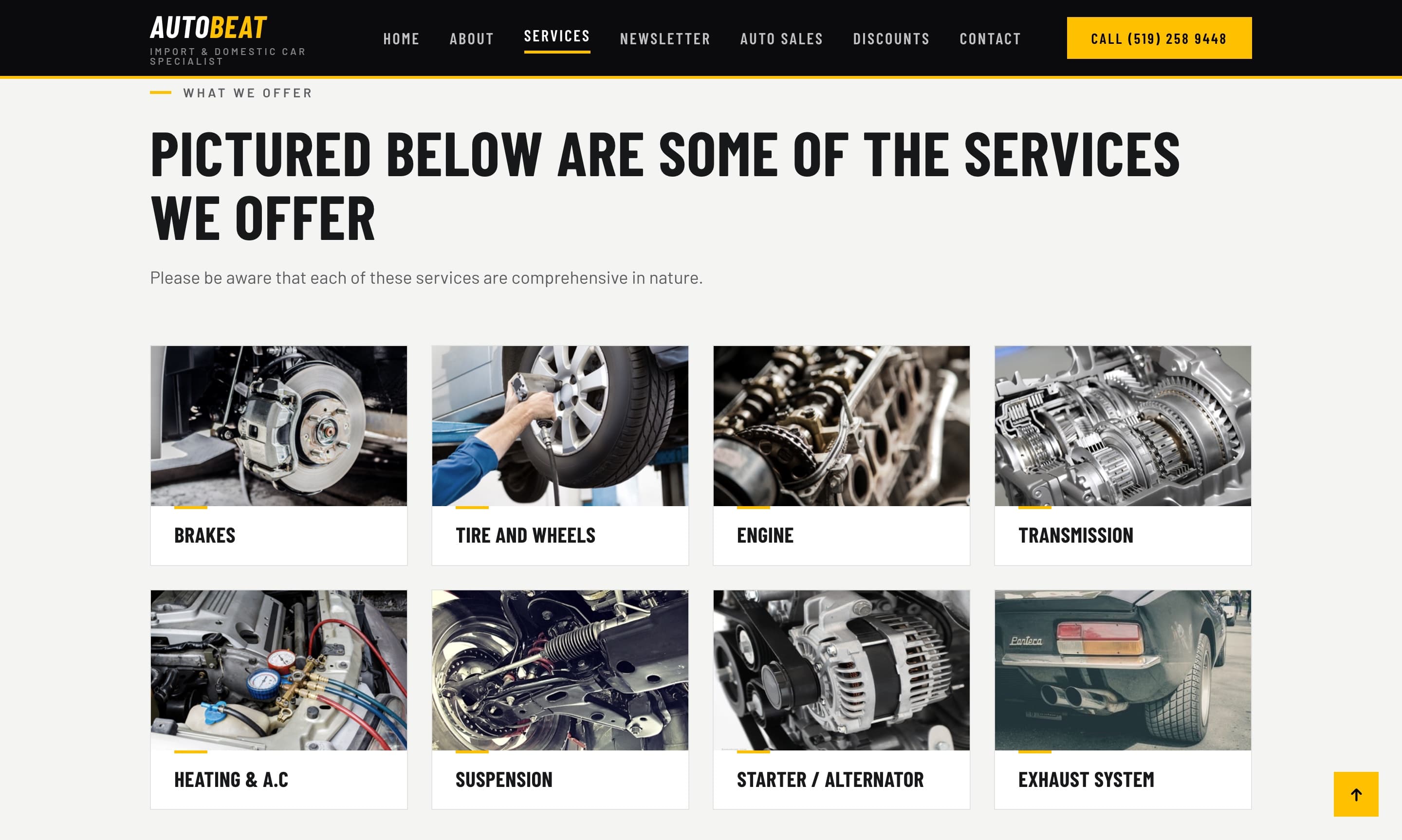 Services page with photographed cards for brakes, tires, engine, transmission, and more
