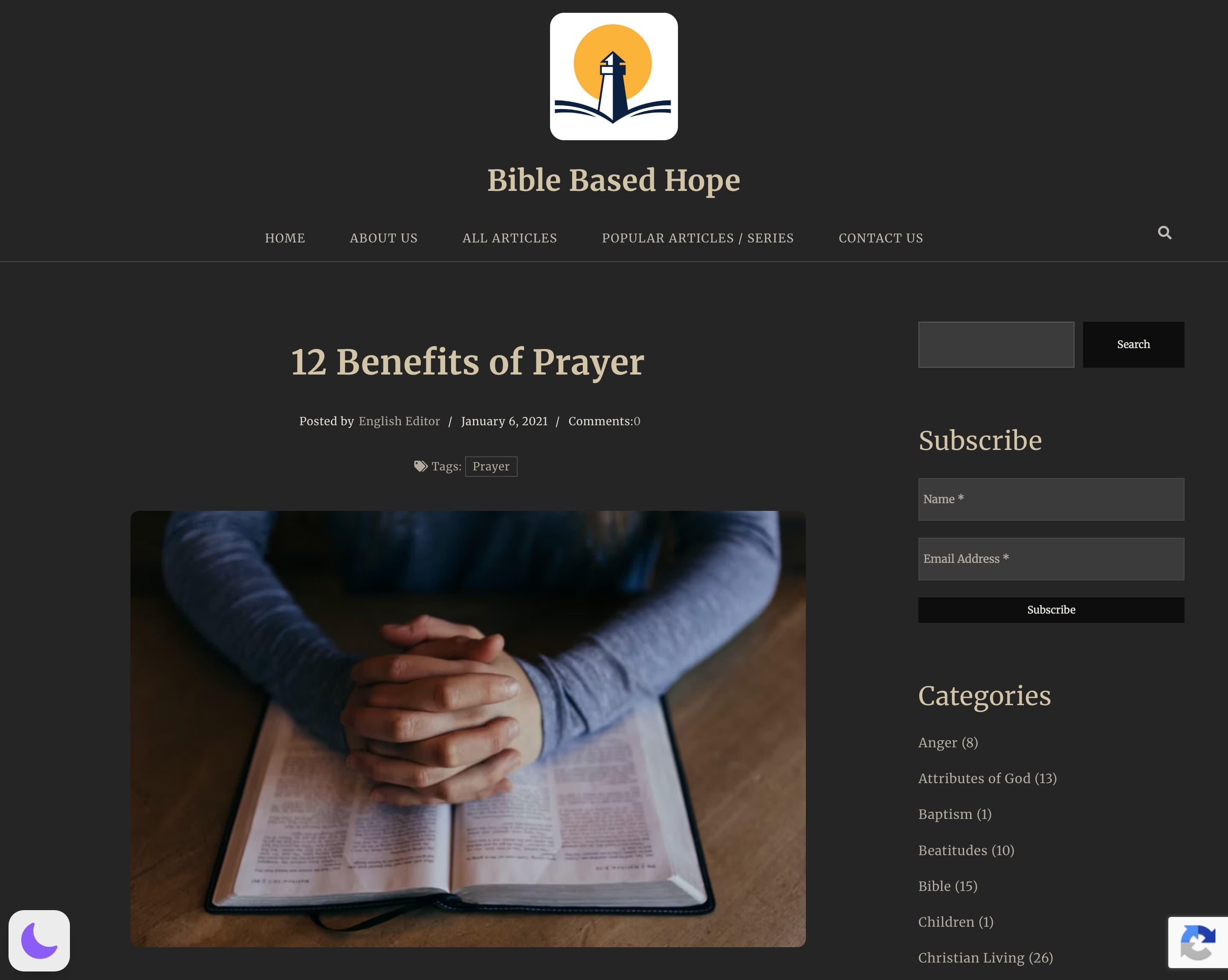 Article page for 12 Benefits of Prayer with categories sidebar and subscribe form