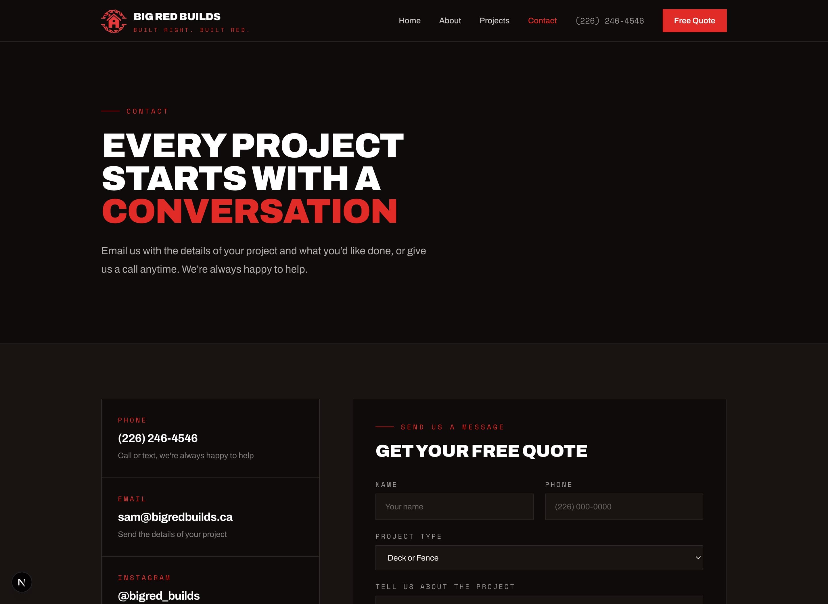 Contact page with quote form and contact channels