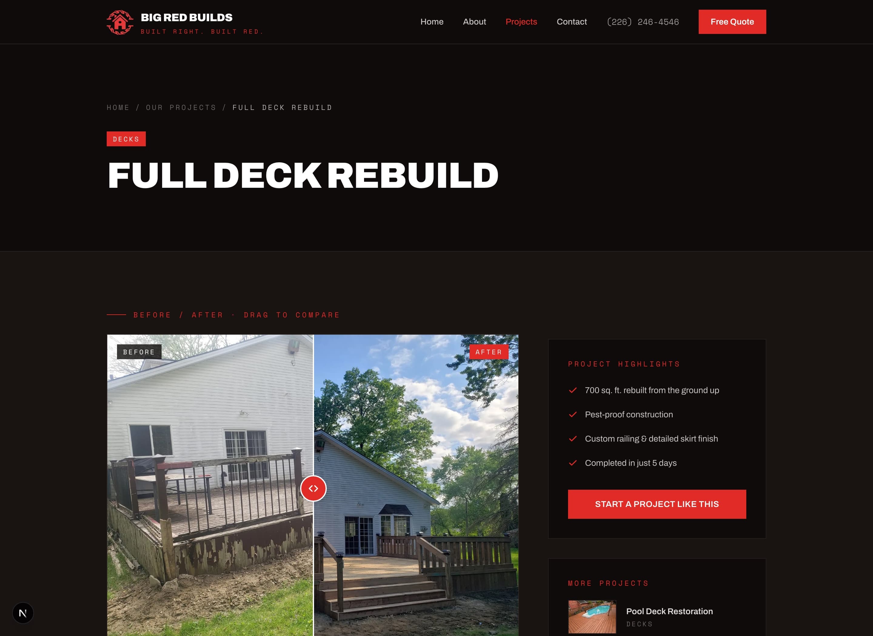 Case study page with a drag-to-compare before and after slider