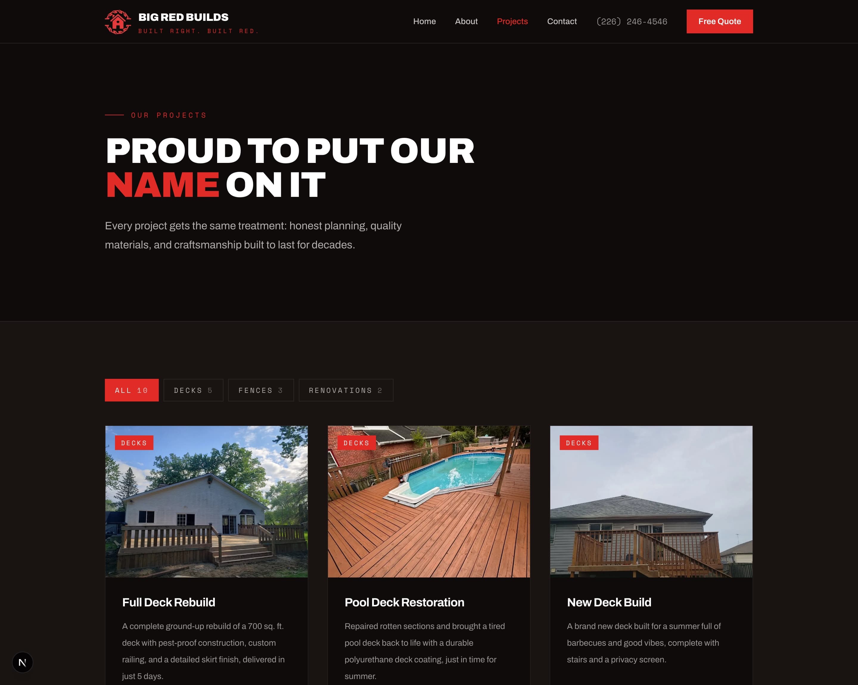Filterable project grid with category chips and pagination