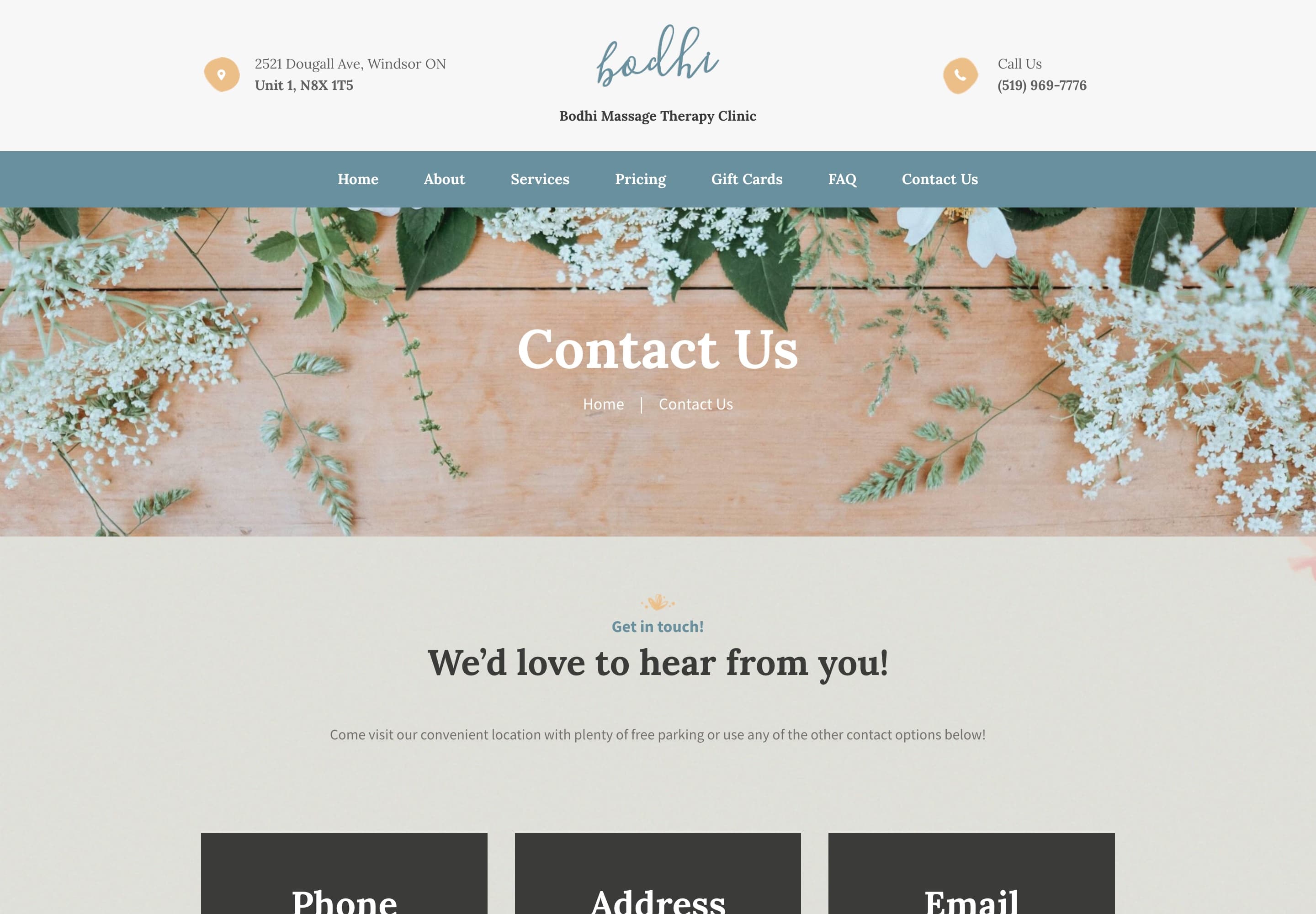 Contact page with phone, address, email, and booking call-to-action