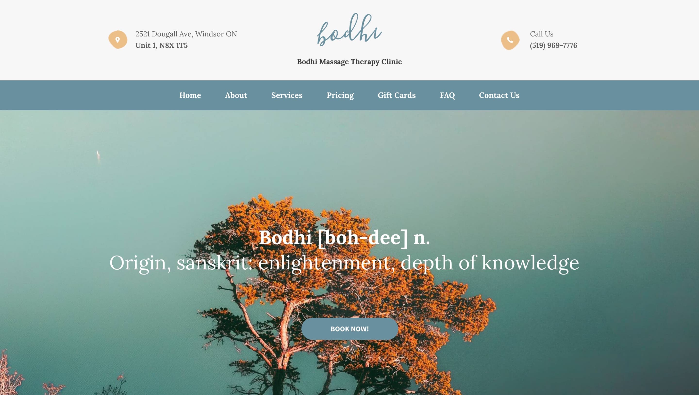 Bodhi Massage Therapy Clinic homepage hero with the Sanskrit definition of bodhi