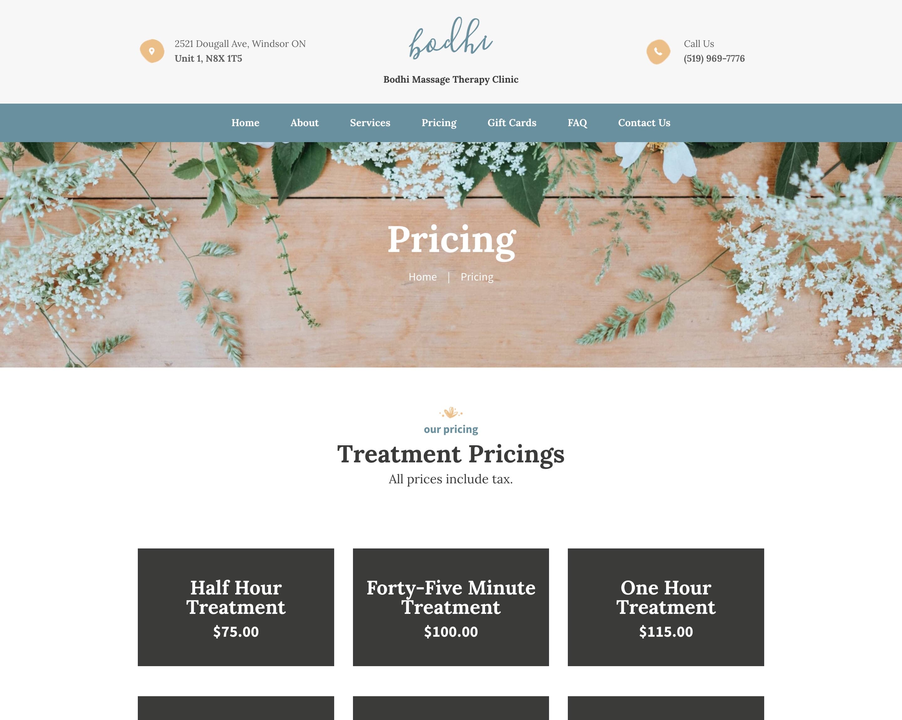 Pricing page with tax-included treatment prices by duration