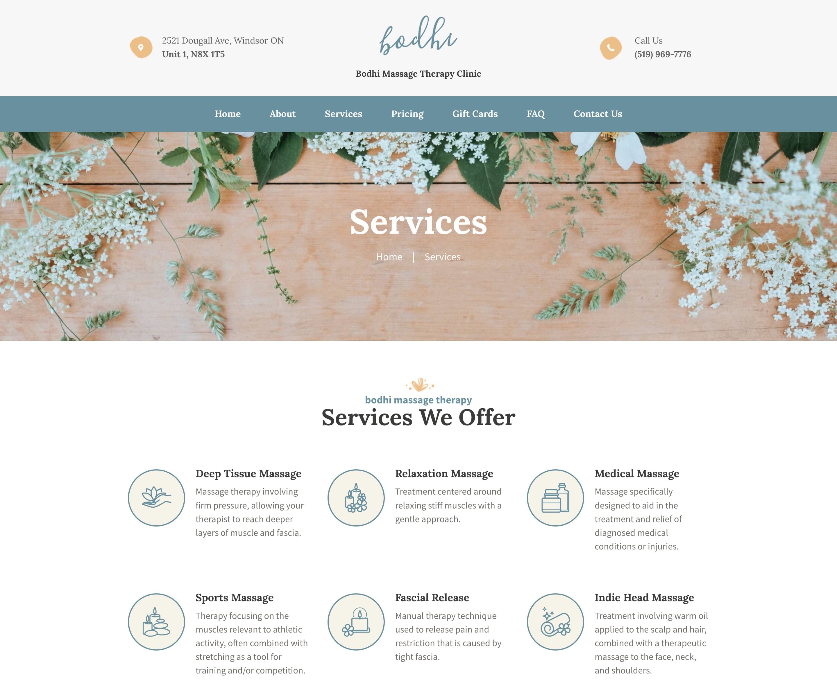 Services page with nine treatments described in short plain-language cards