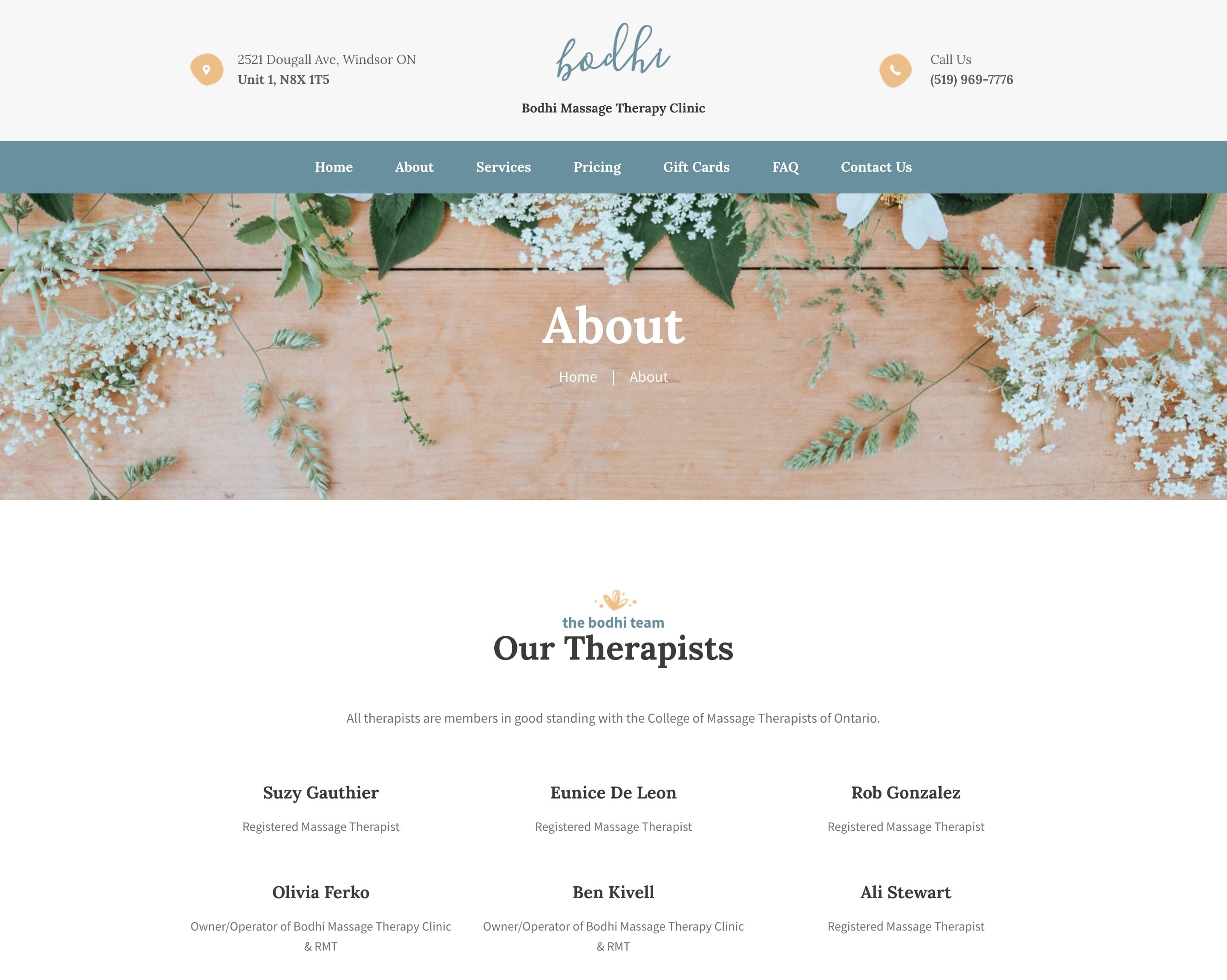 About page introducing the six registered massage therapists