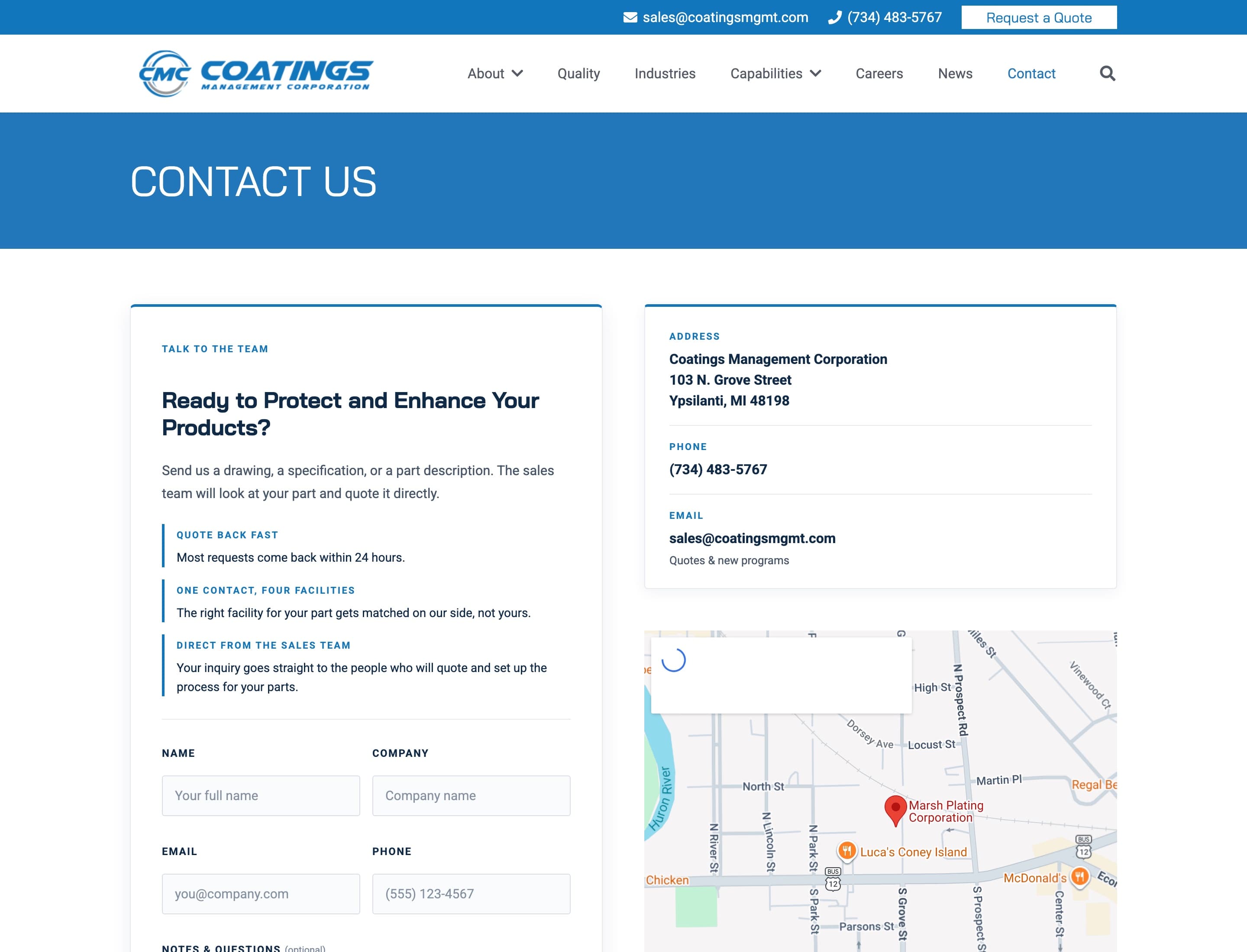 Contact page with RFQ form, drawing upload, and quote-back-fast messaging