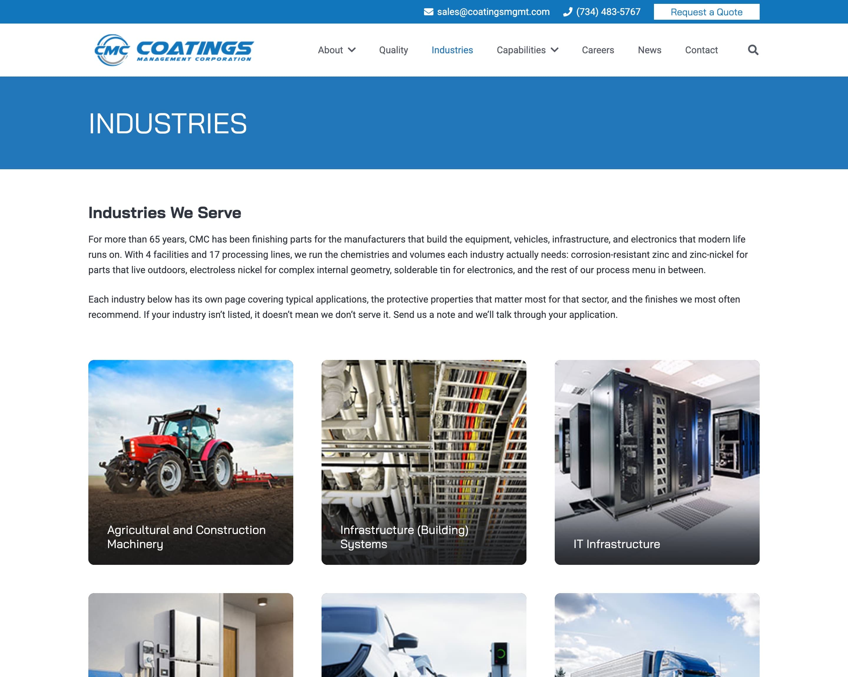 Industries page with cards for agriculture, infrastructure, and IT infrastructure