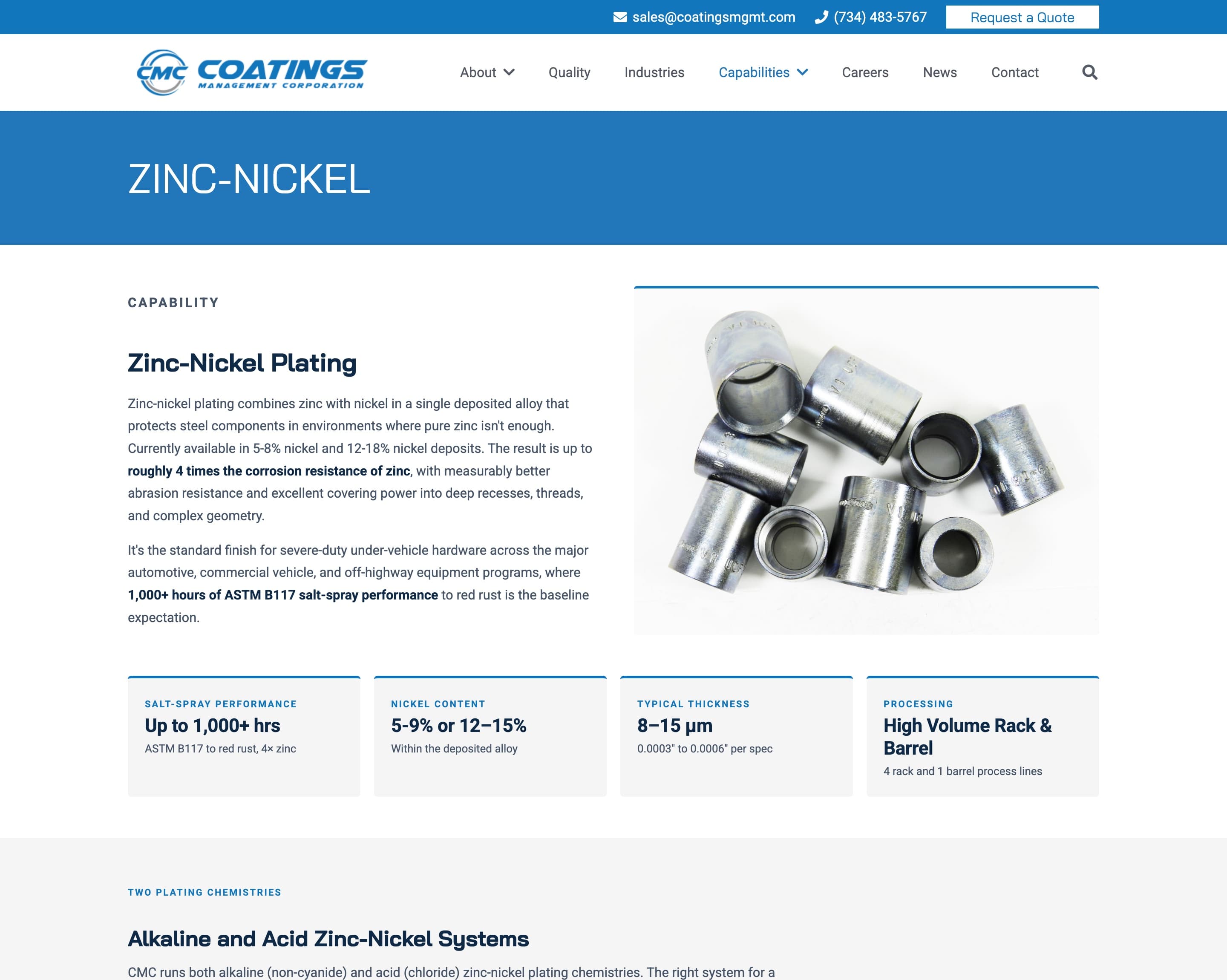 Zinc-nickel capability page with salt-spray performance, alloy content, and thickness stats