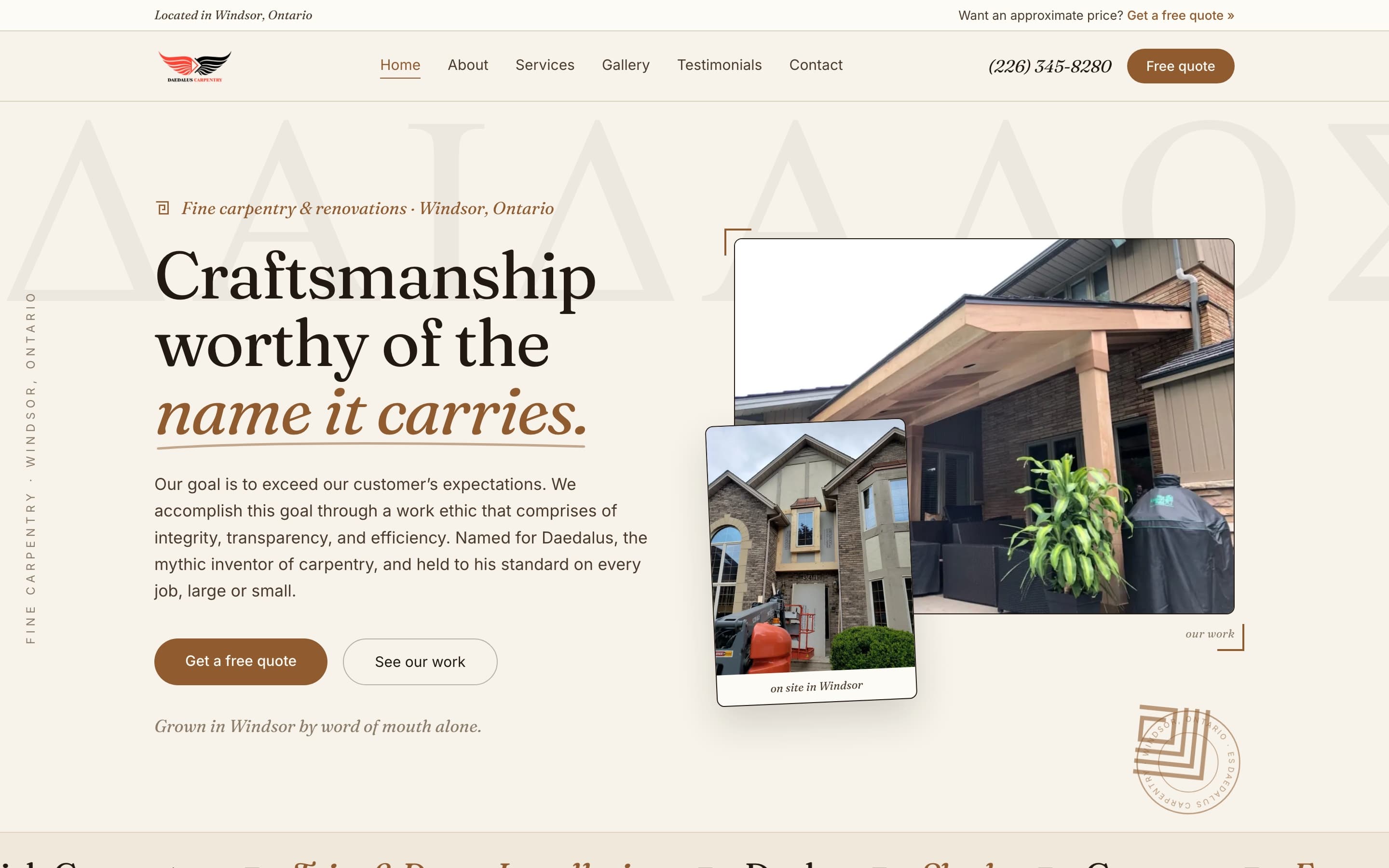 Daedalus Carpentry homepage: 'Craftsmanship worthy of the name it carries' over ghosted Greek lettering