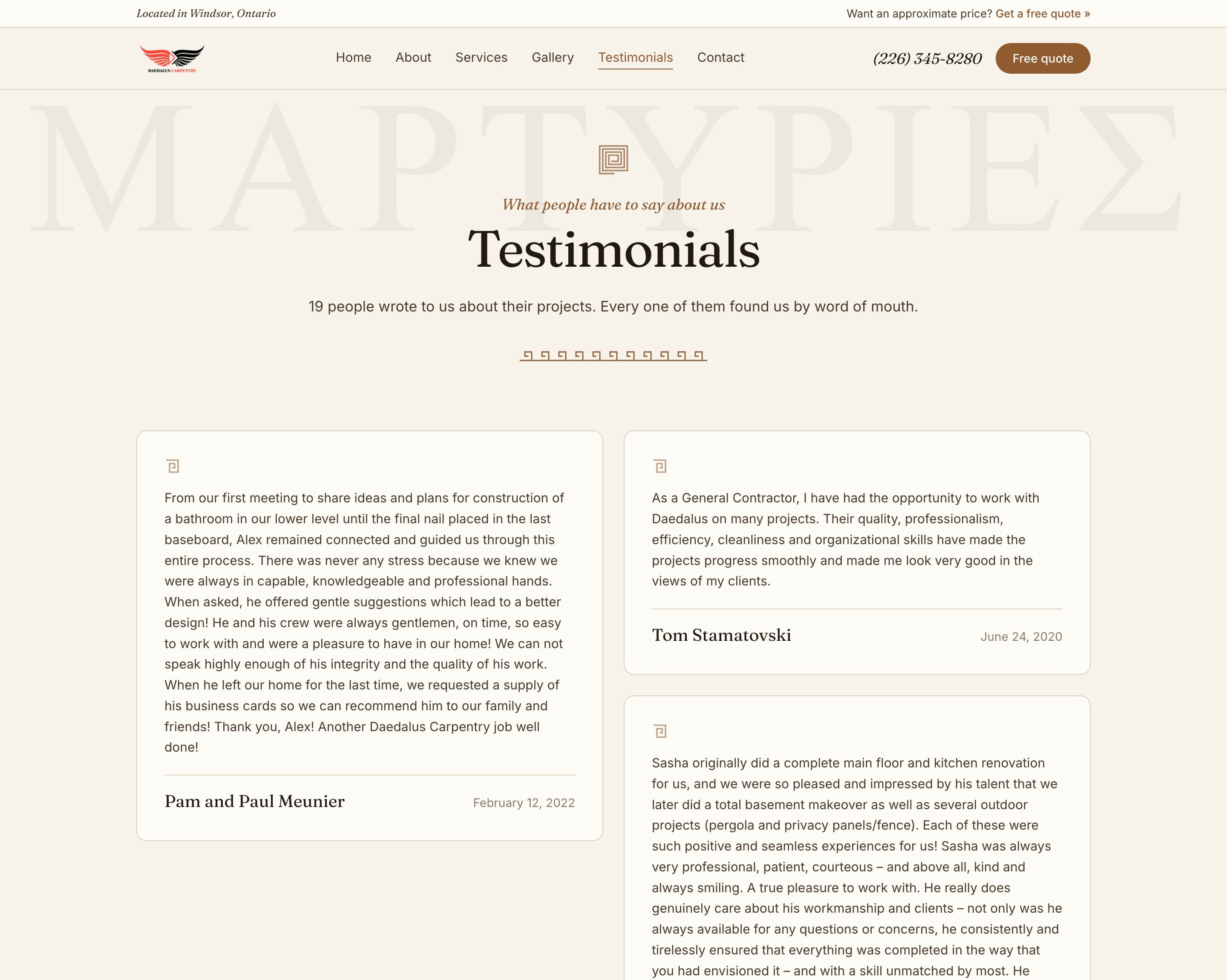 Testimonials page with named, dated client stories under a ghosted ΜΑΡΤΥΡΙΕΣ title