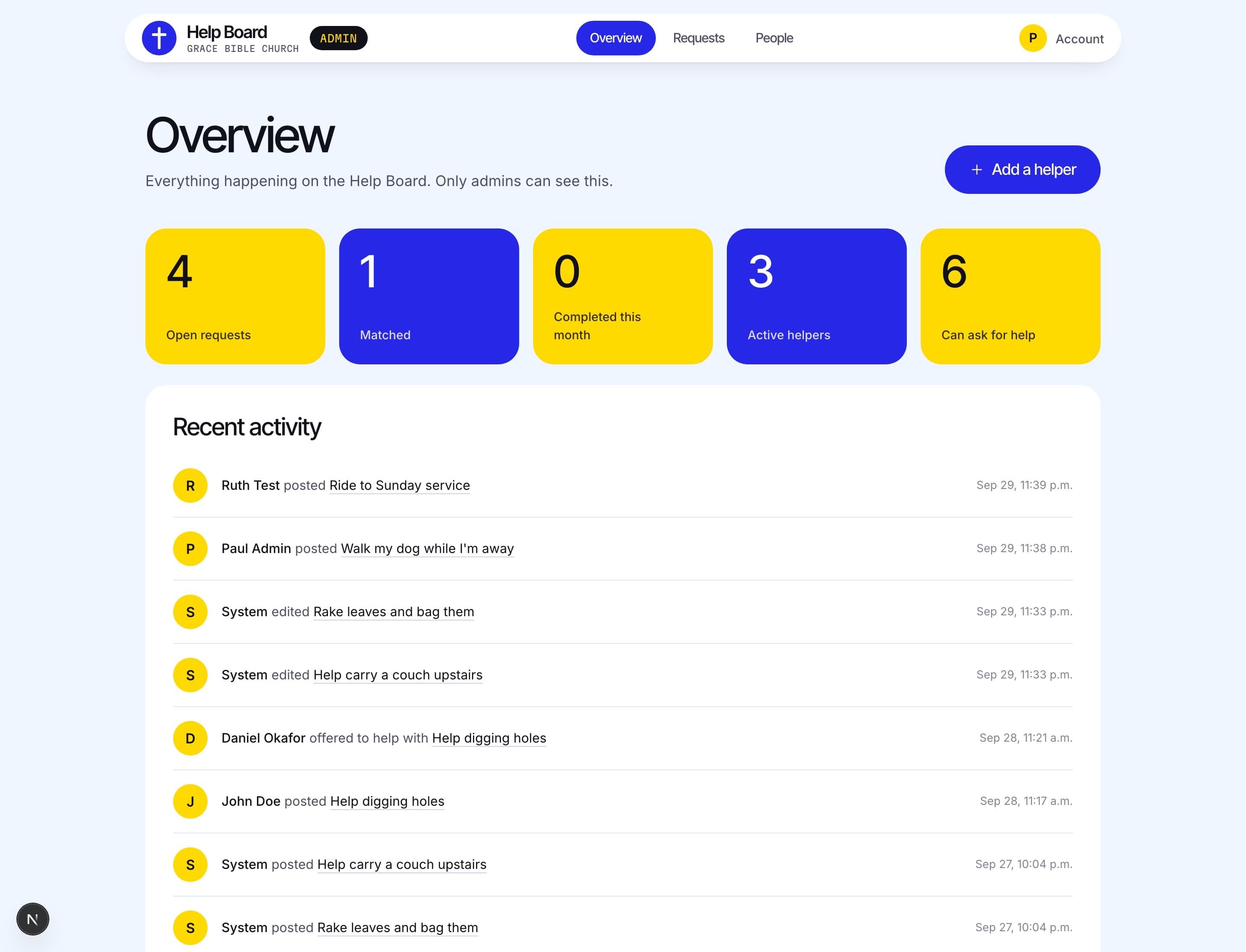 Admin overview with request counts and a full activity feed naming who posted and who offered