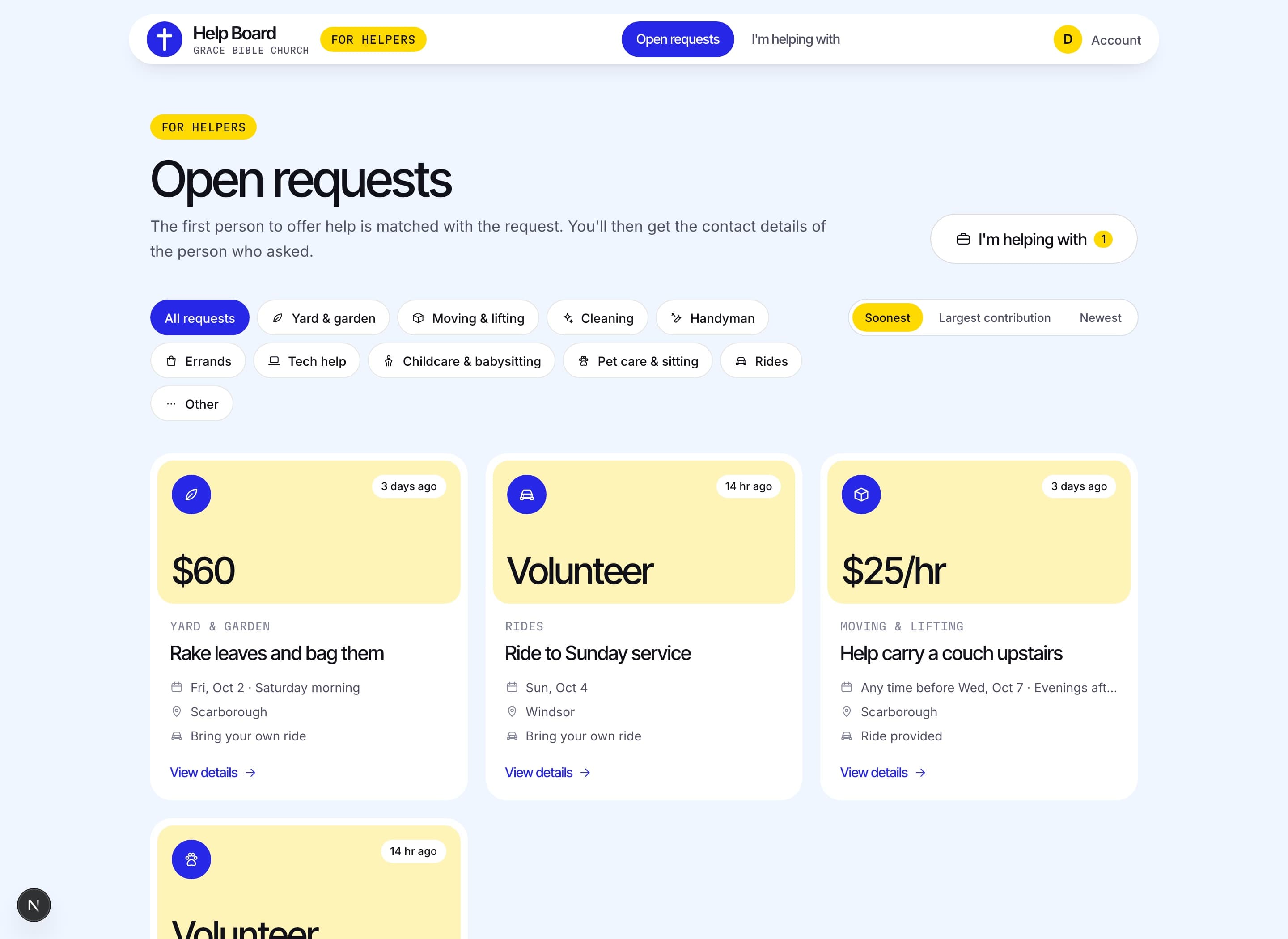 Open requests board showing tasks, areas and contributions with no requester names