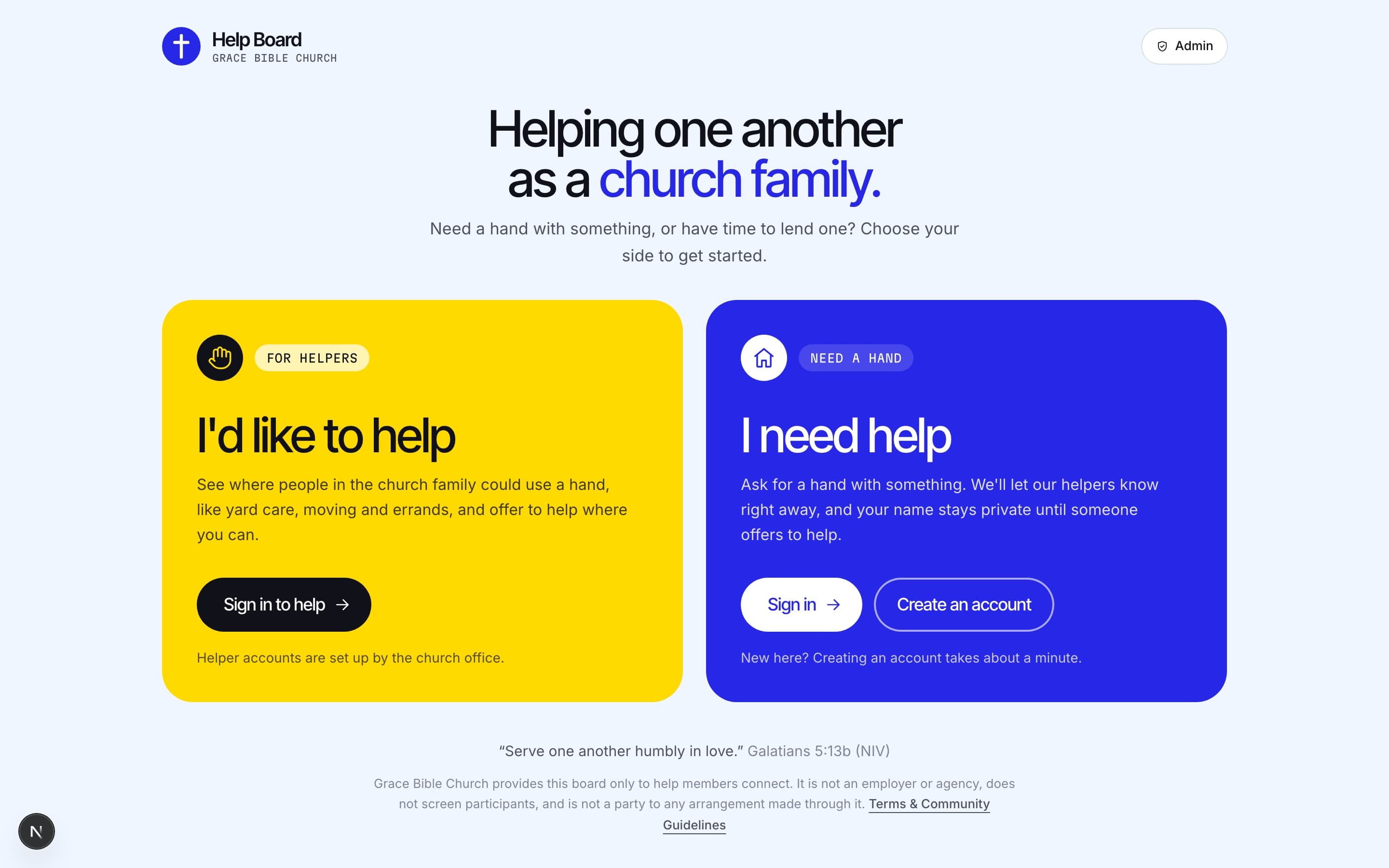 GBC Help Board front page: 'Helping one another as a church family' above the helper and requester doors