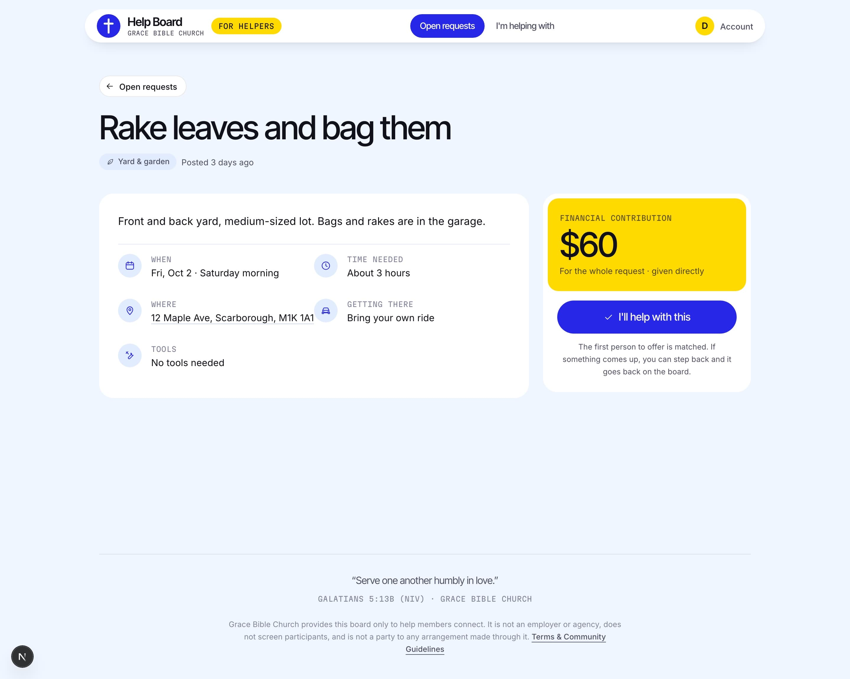 A request detail page showing the task, the financial contribution and the offer-to-help button