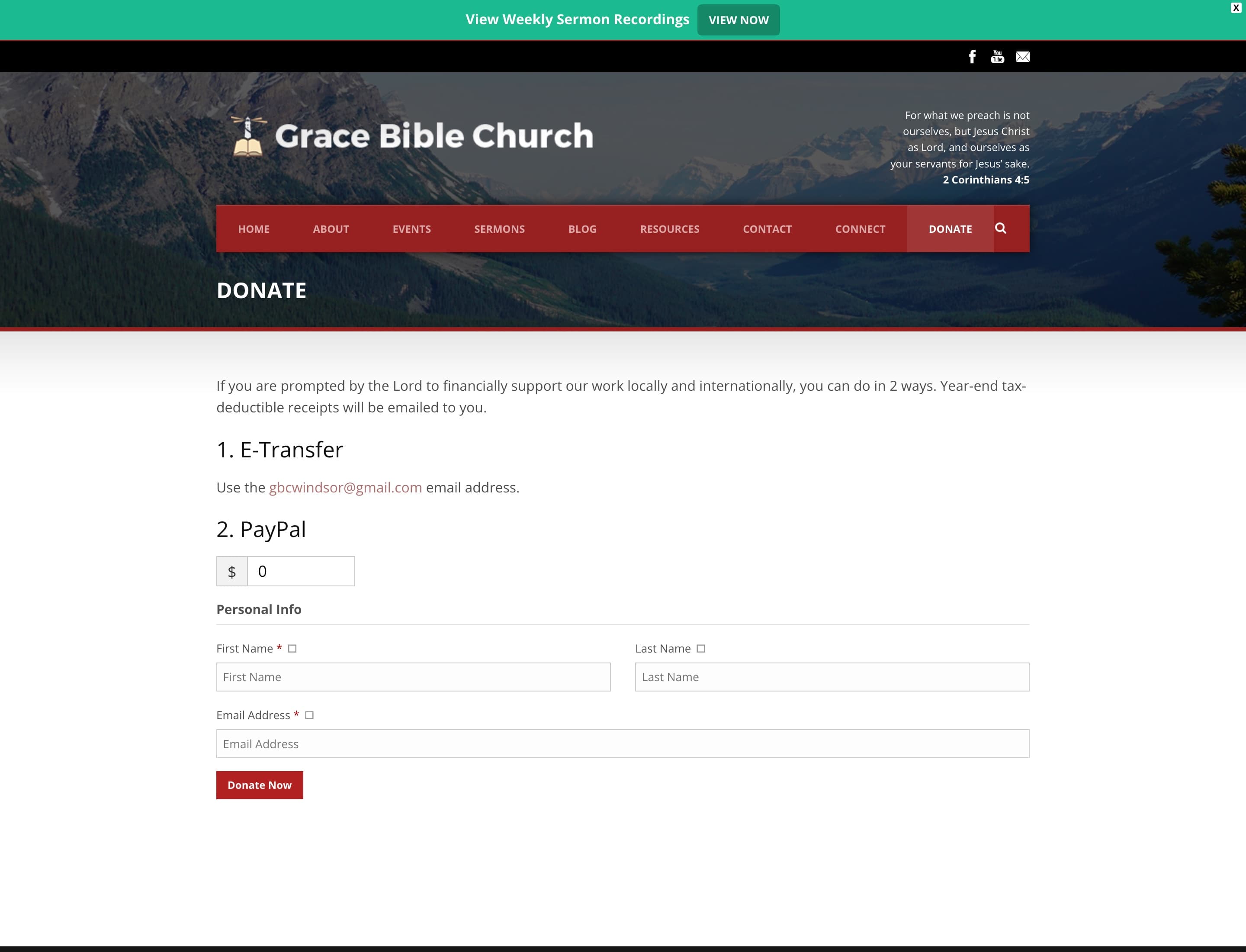 Donate page with e-transfer instructions and PayPal giving form