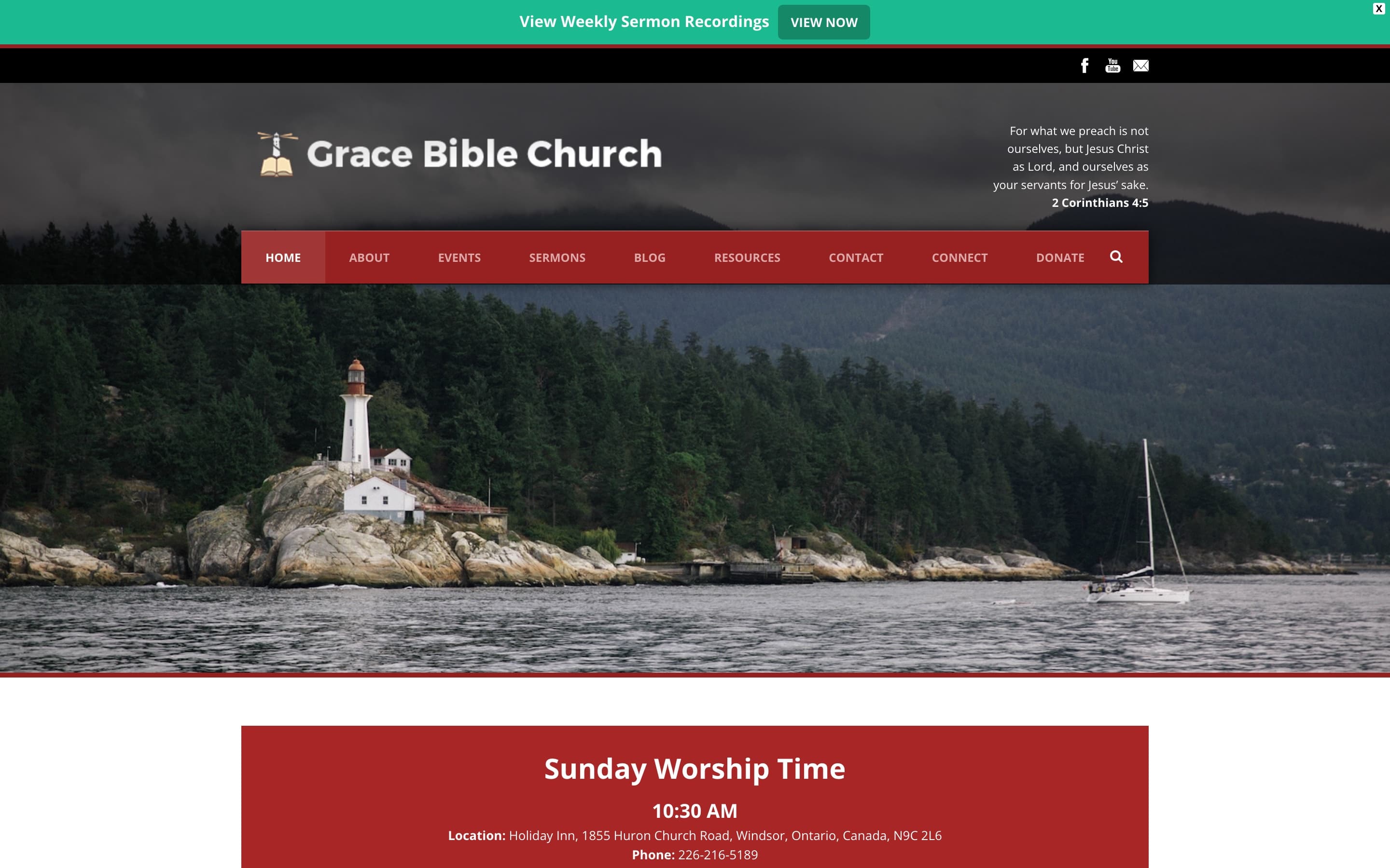 Grace Bible Church of Windsor homepage with lighthouse hero and Sunday worship details