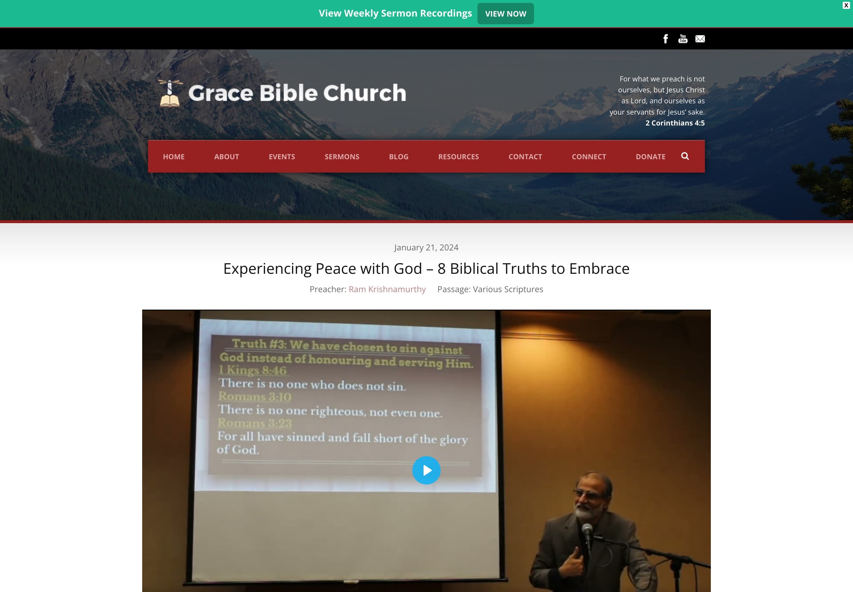 Individual sermon page with embedded video of the message