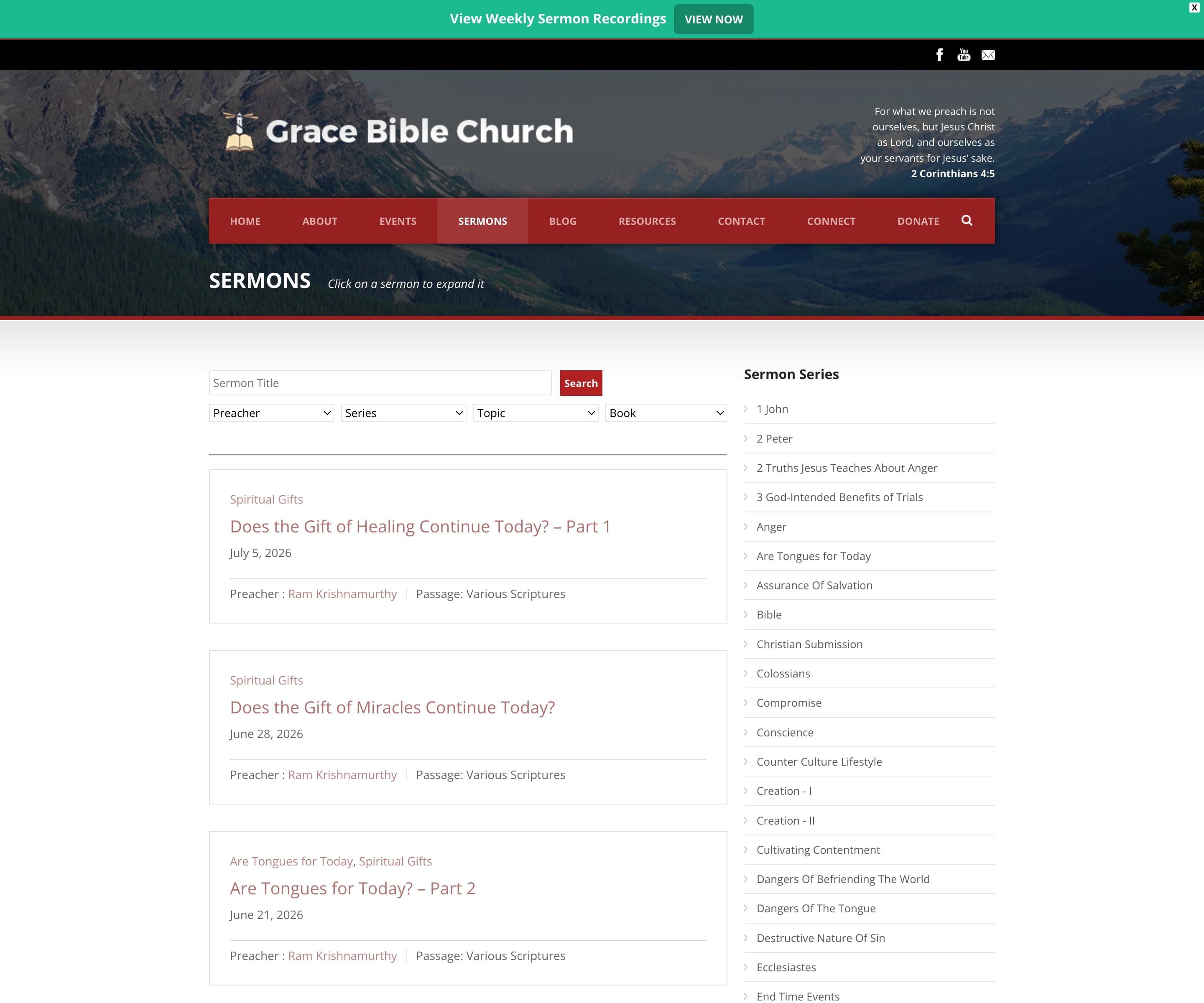 Sermon archive with search, filters, and a browsable series list