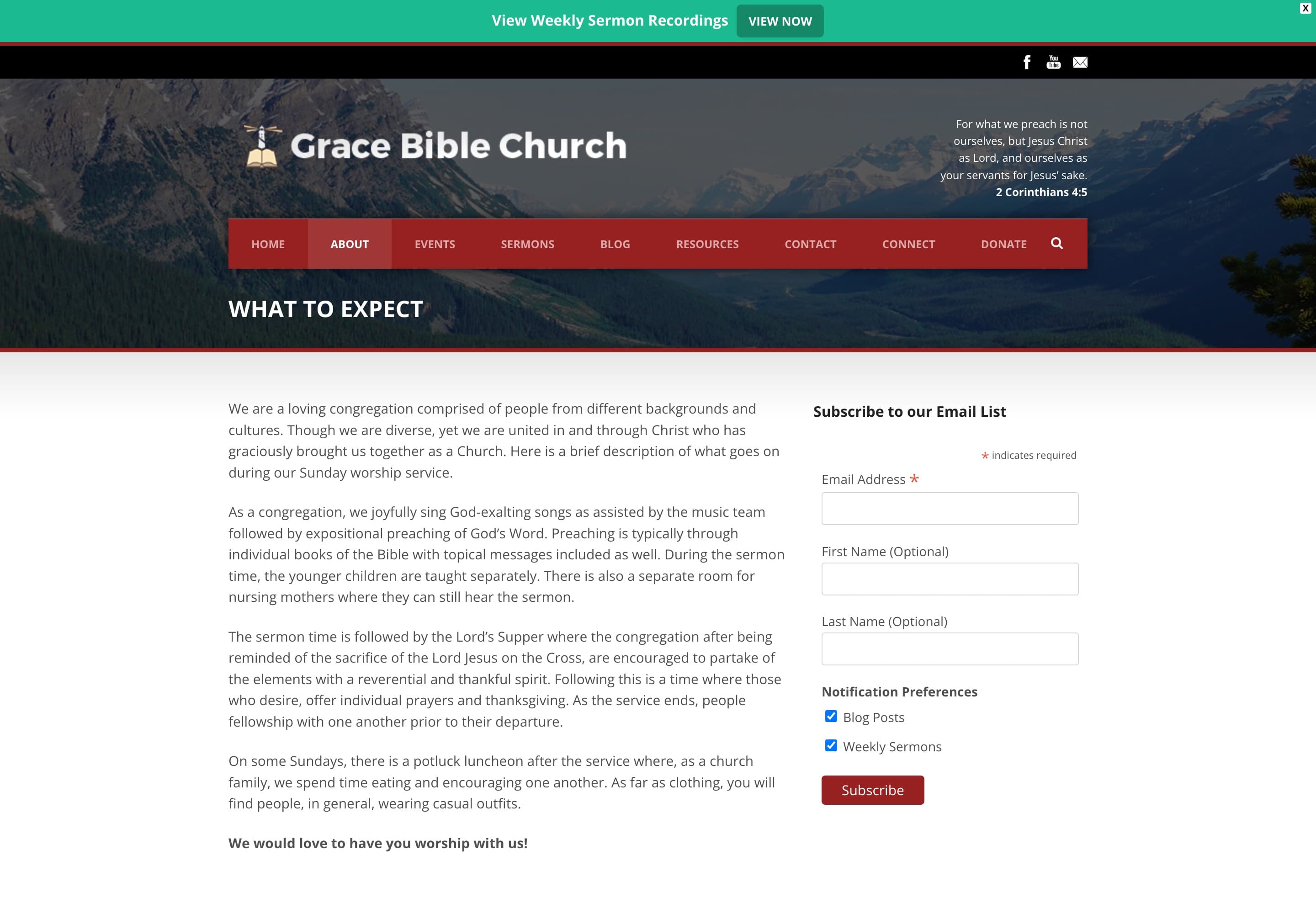 What to Expect page describing a Sunday service, with email list signup