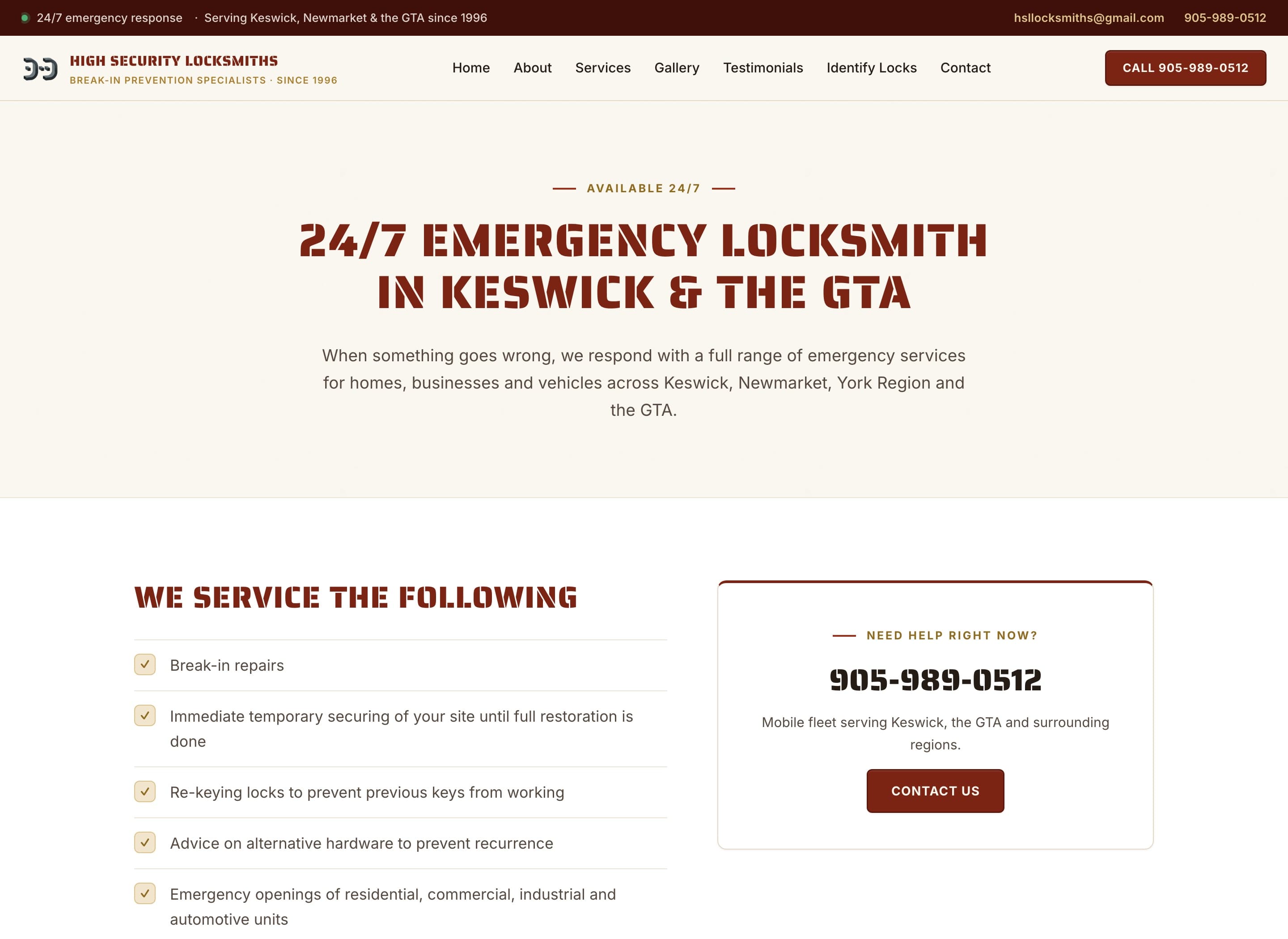 Emergency services page with 24/7 response details and a need-help-right-now call card