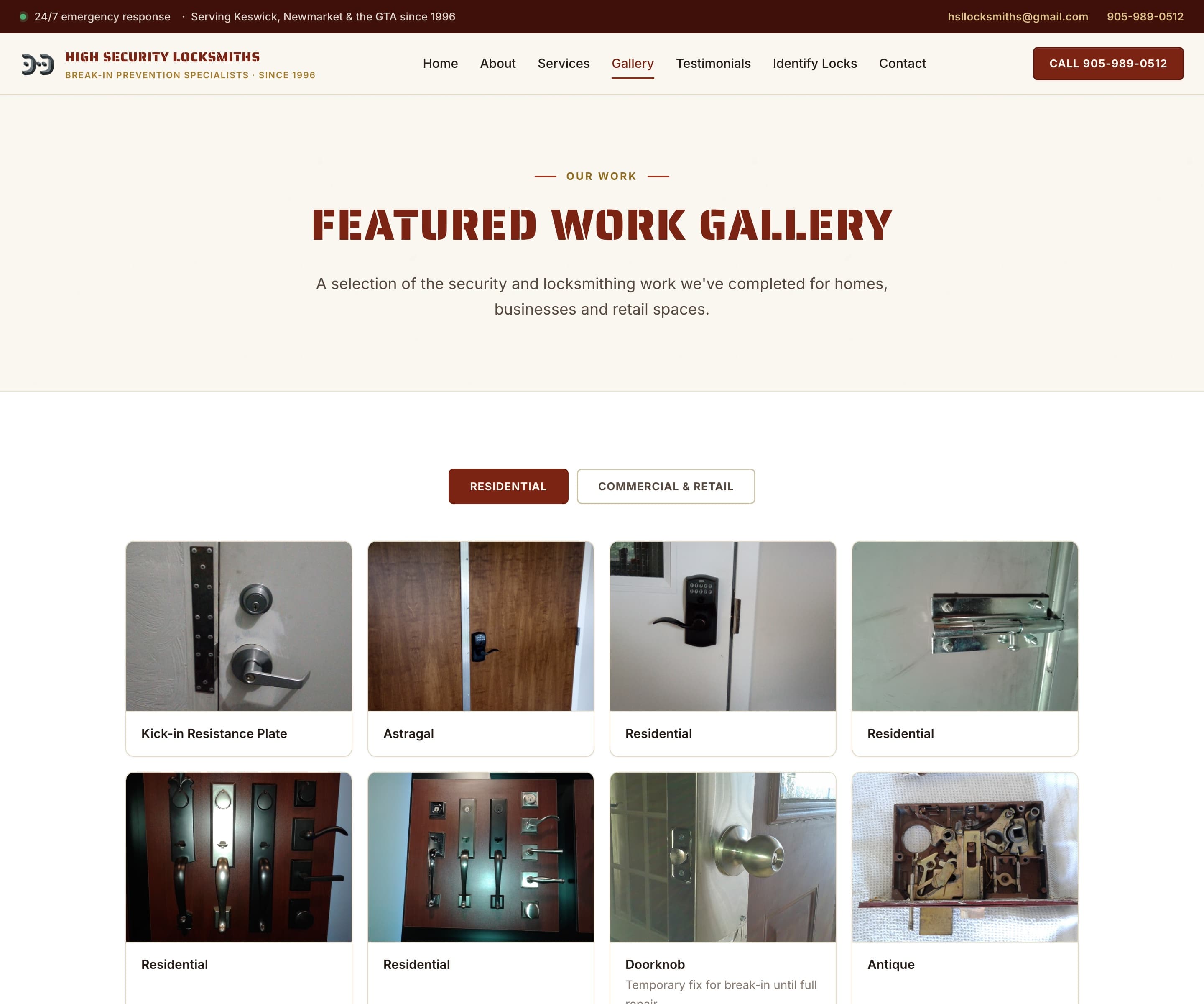 Featured work gallery with photos of installed locks, plates, and safes