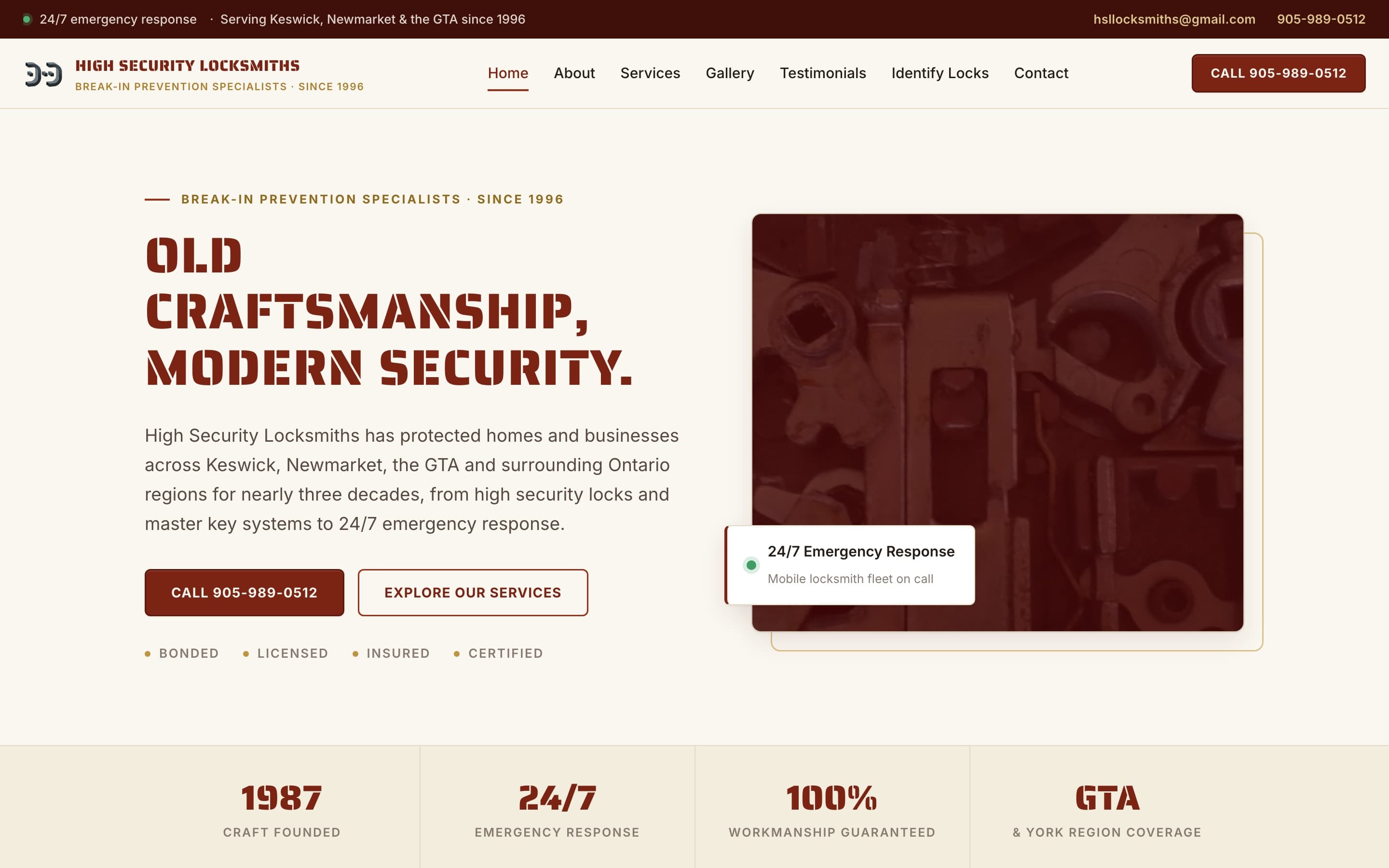 High Security Locksmiths homepage: 'Old craftsmanship, modern security' beside vintage lock hardware