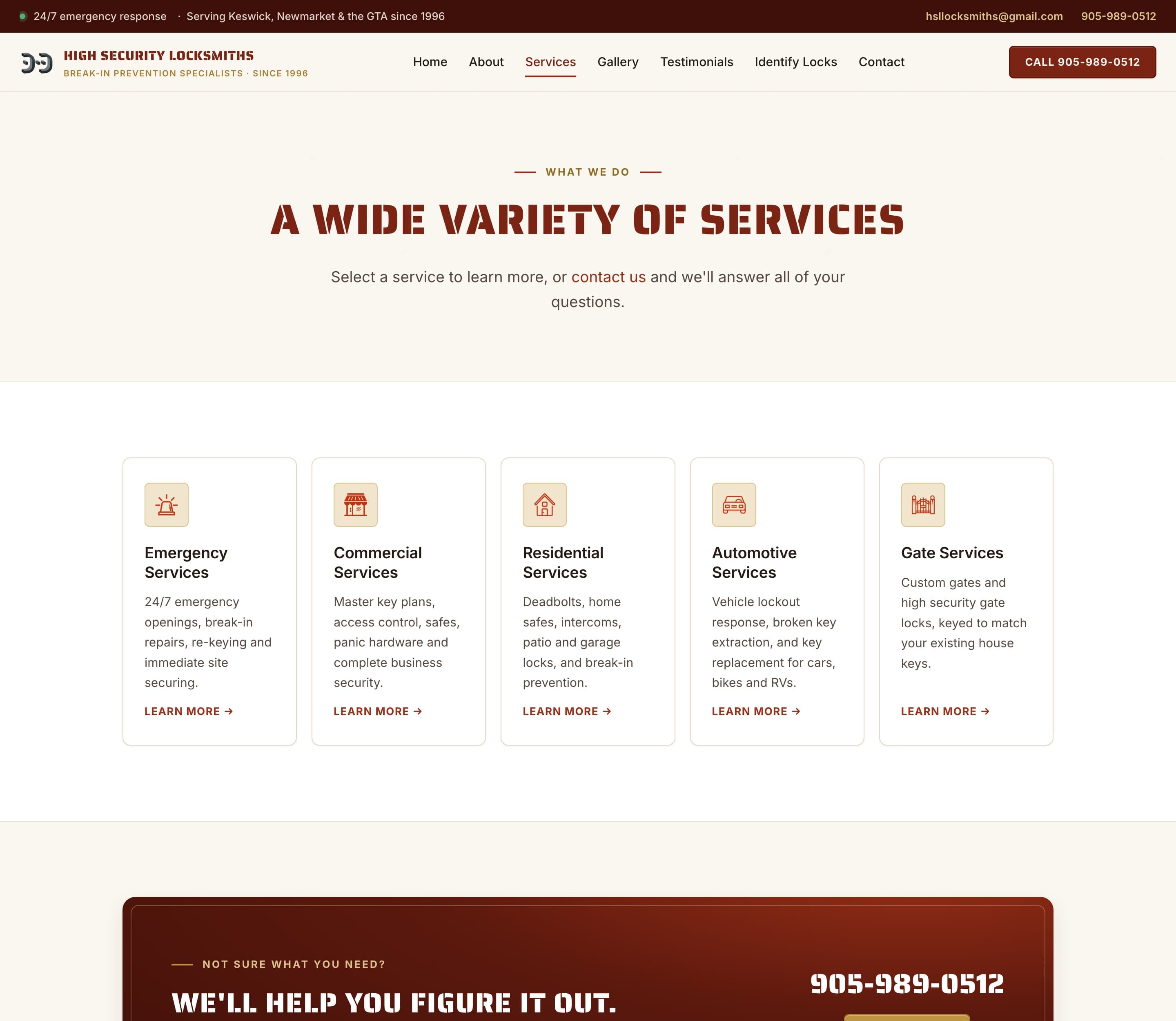 Services page with cards for emergency, commercial, residential, automotive, and gate work