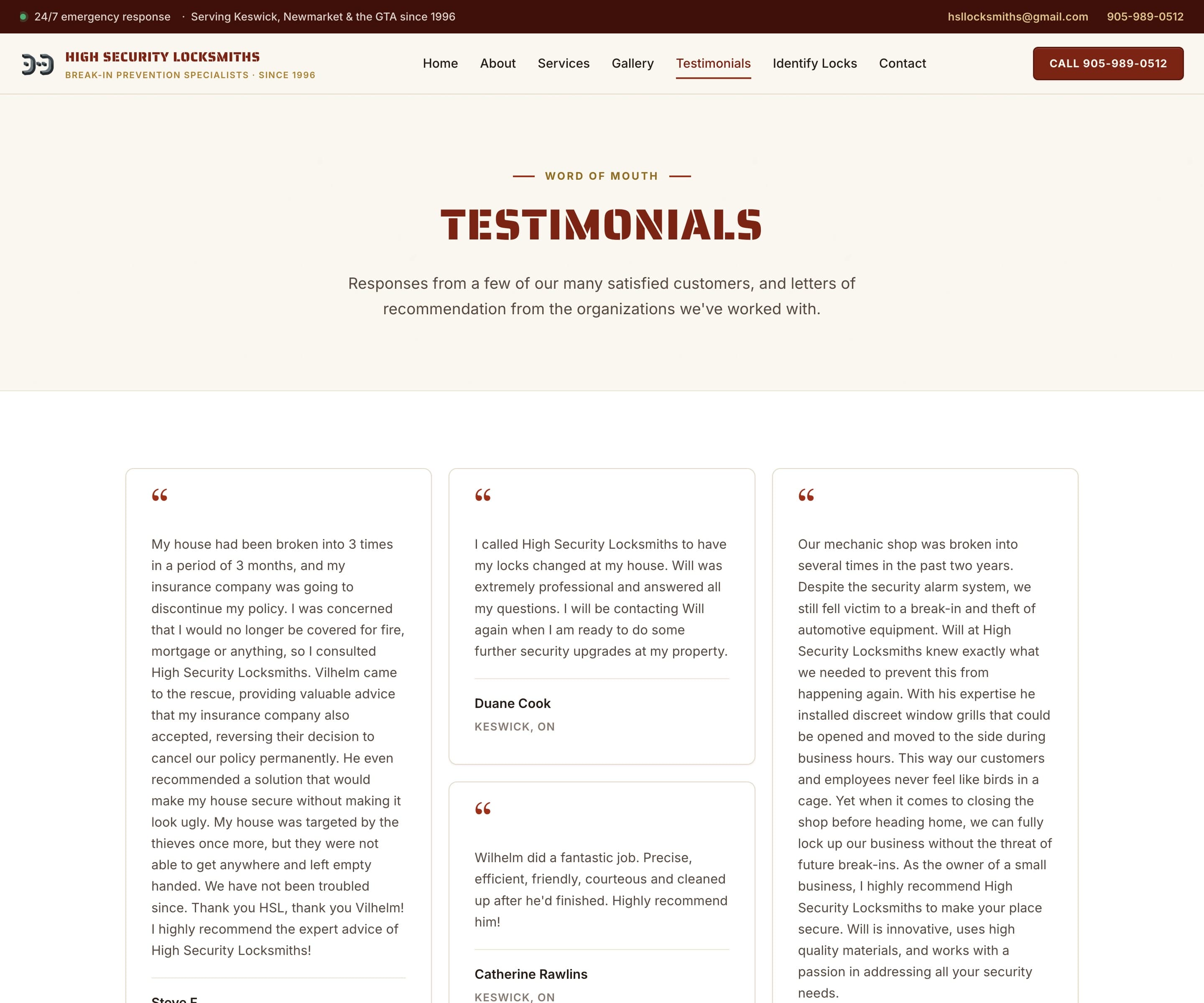 Testimonials page with detailed customer stories from Toronto and Keswick