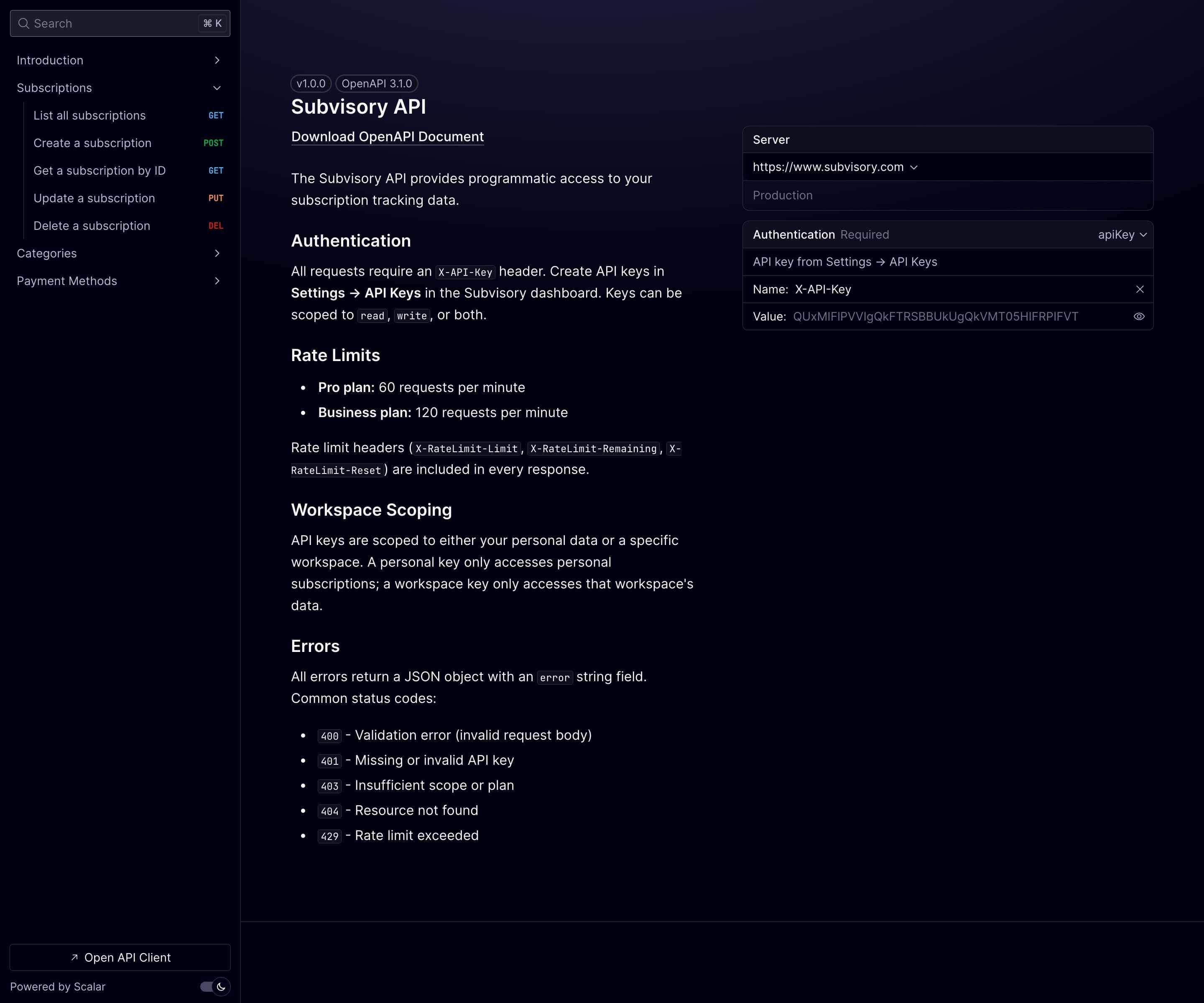 Interactive API documentation with authentication, rate limits, and endpoint reference