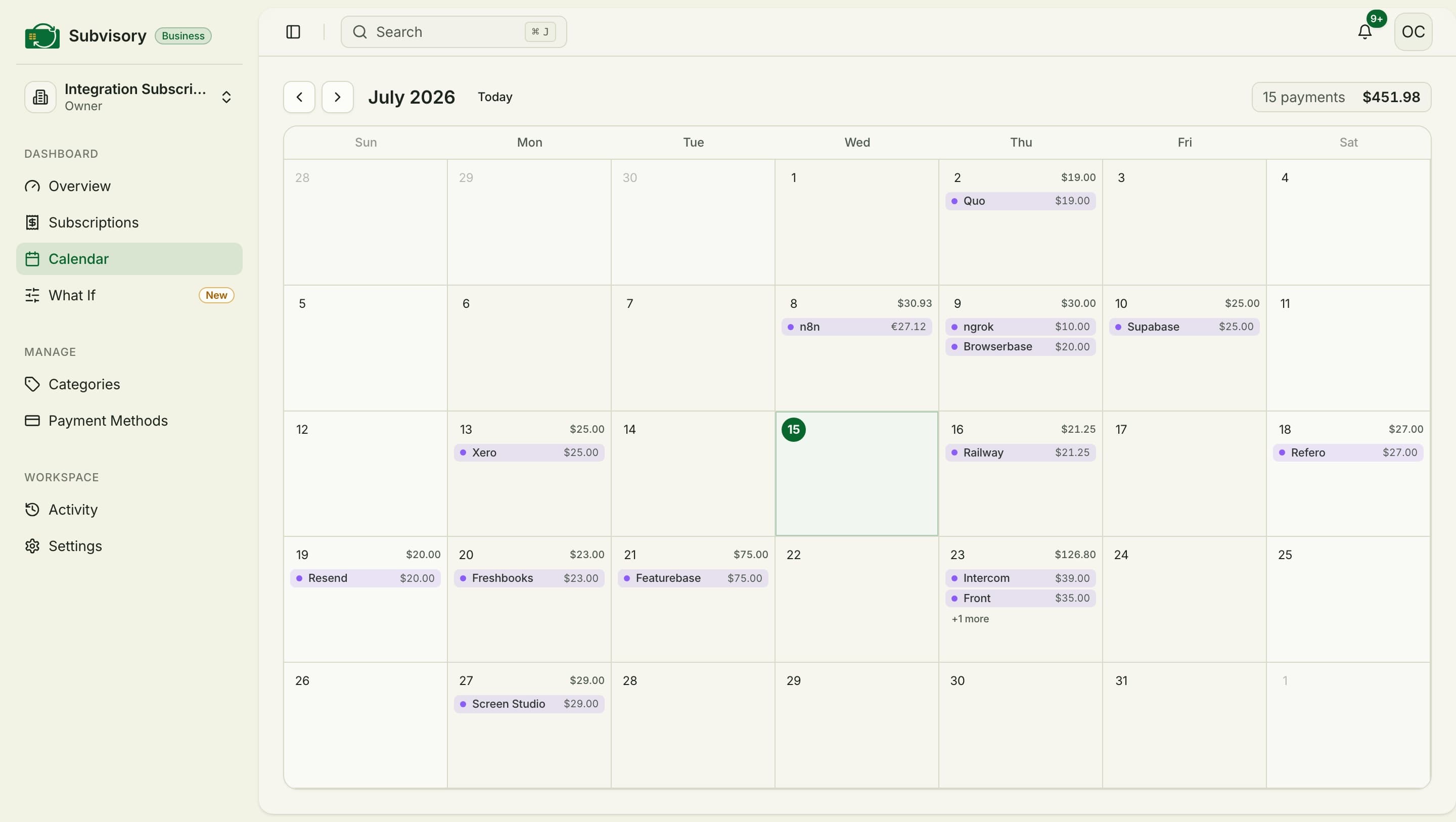 Calendar view of a month with payment amounts on their due dates and a monthly total