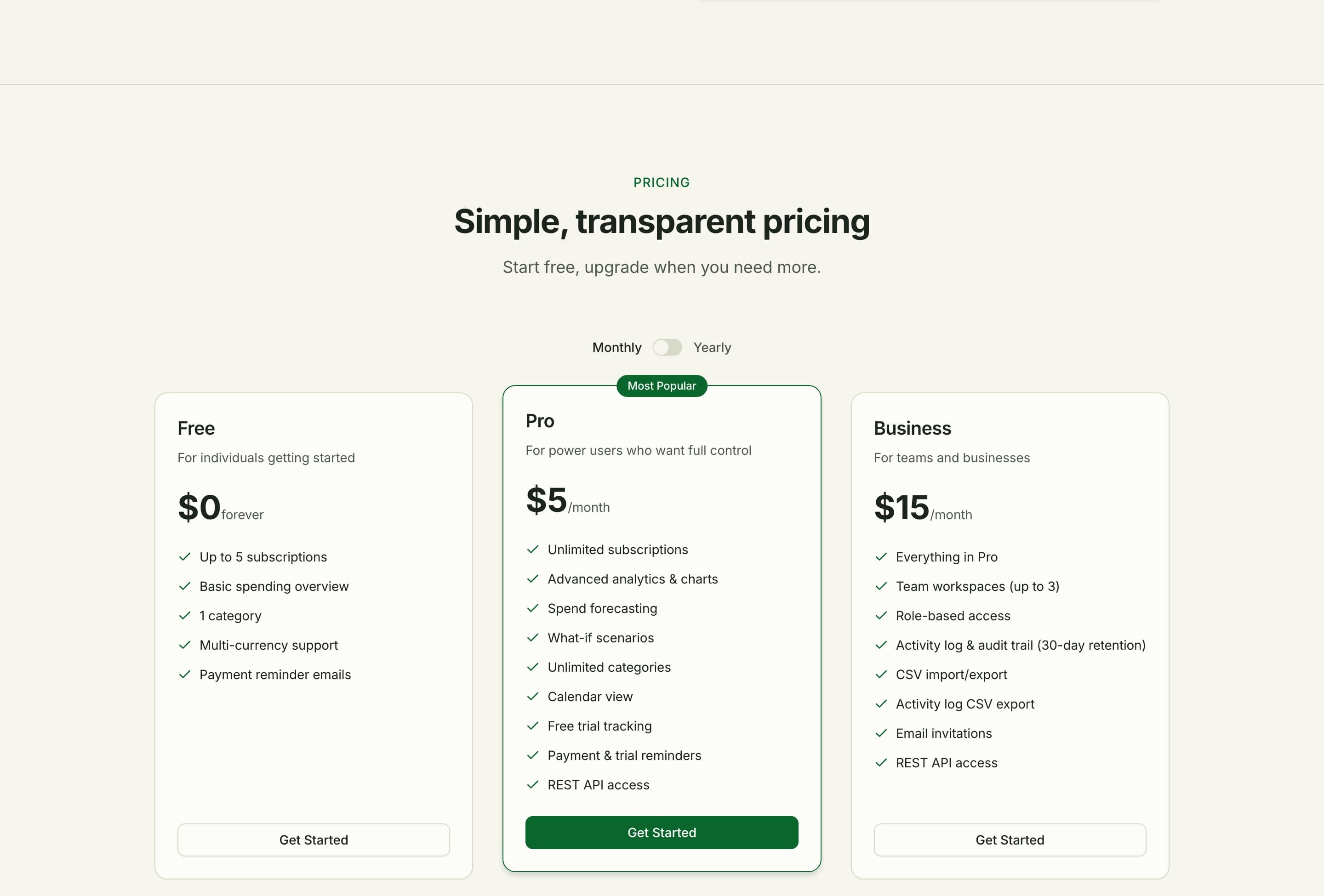 Pricing section with Free, Pro, and Business tiers