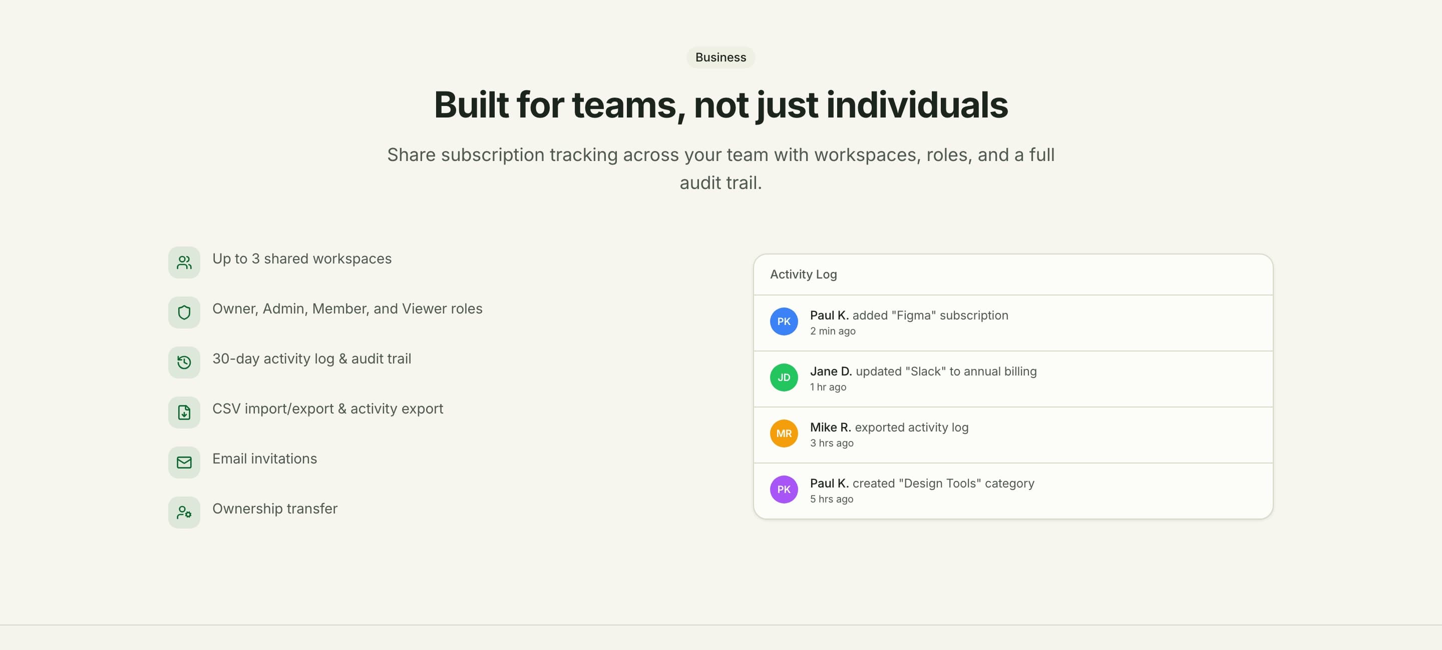 Built for teams section with workspace roles and a live activity log