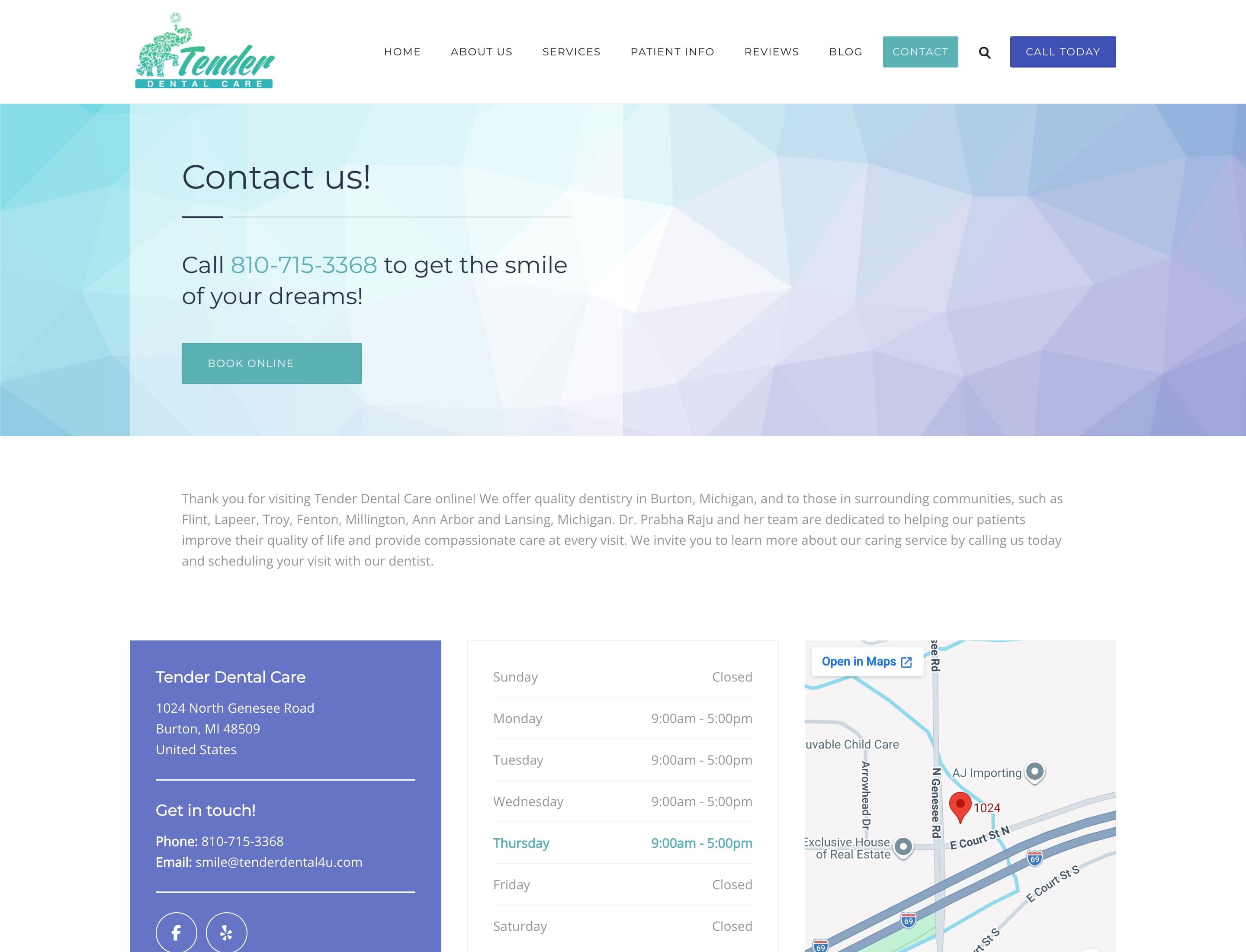 Contact page with phone, online booking, hours, and location map
