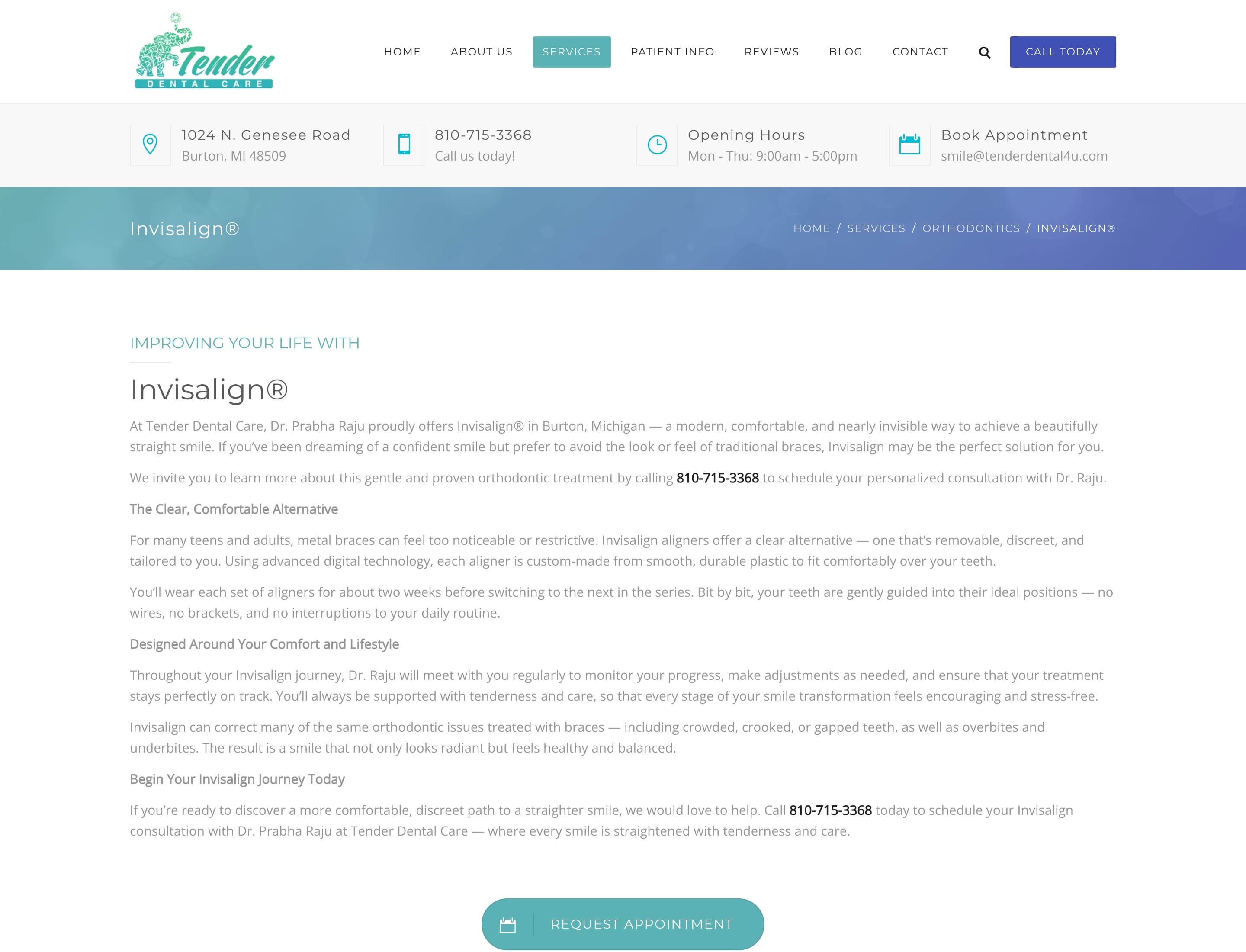Invisalign treatment page explaining the clear, comfortable alternative to braces