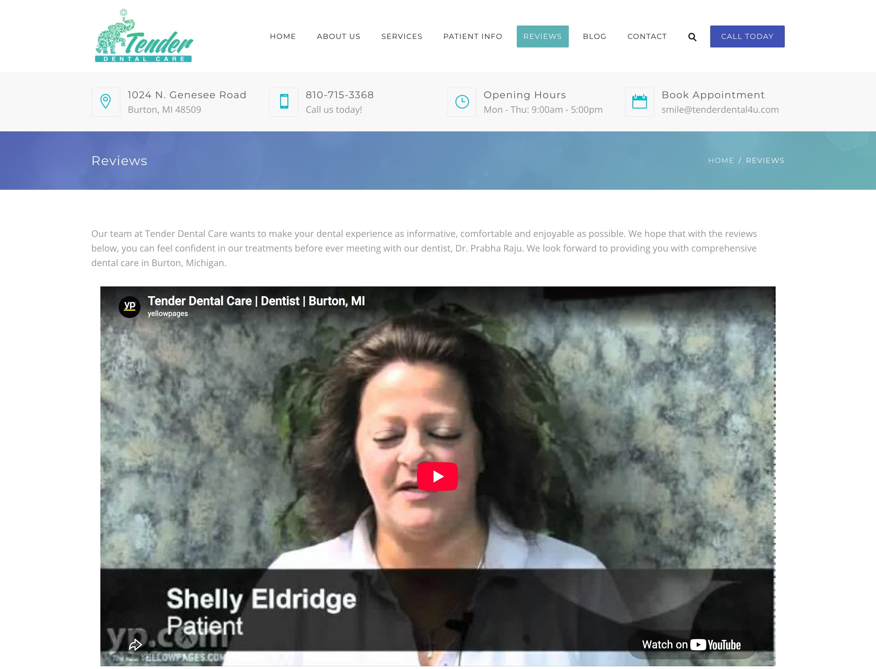 Reviews page with a video testimonial from a long-time patient