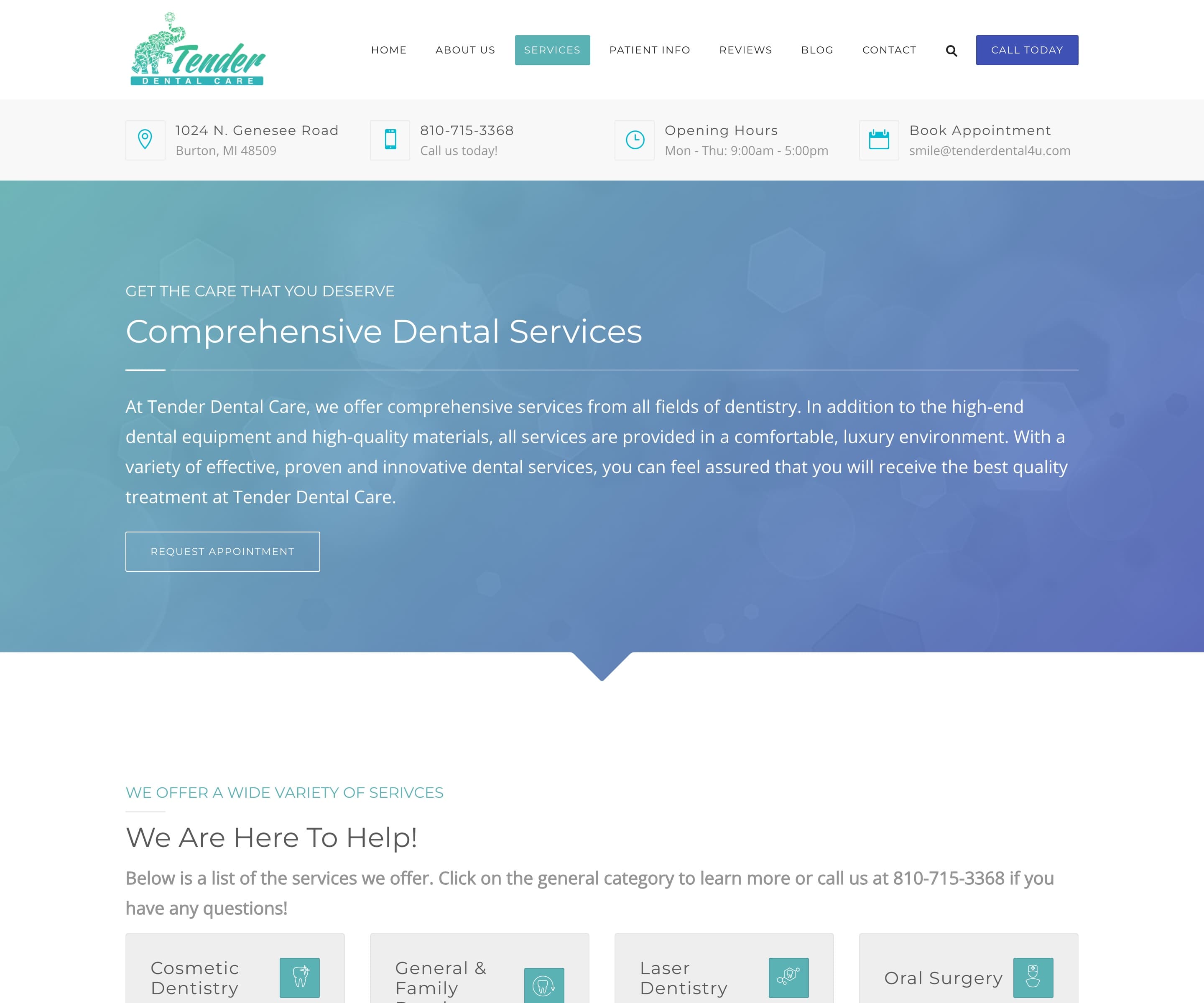 Comprehensive dental services page with specialty category cards
